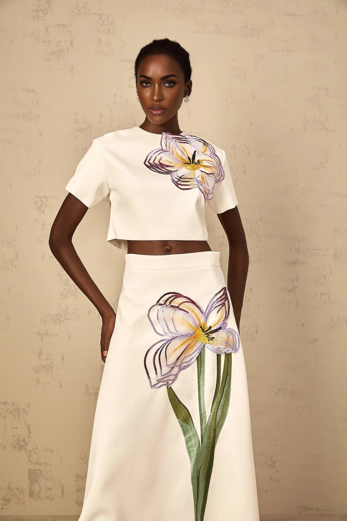Helena Top & Skirt Set with Floral Appliqué in White