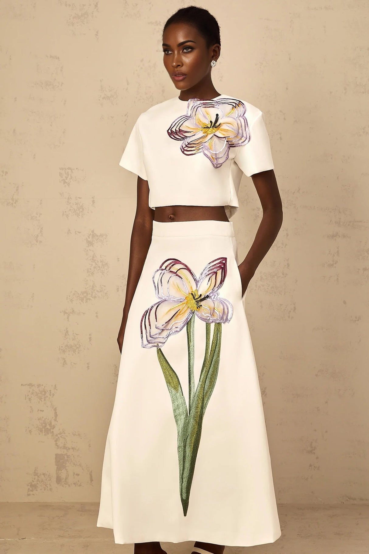 Helena Top & Skirt Set with Floral Appliqué in White