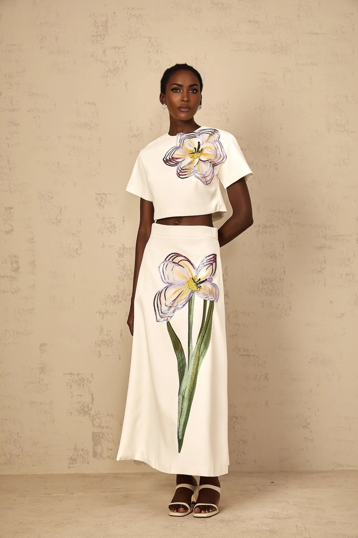 Helena Top & Skirt Set with Floral Appliqué in White