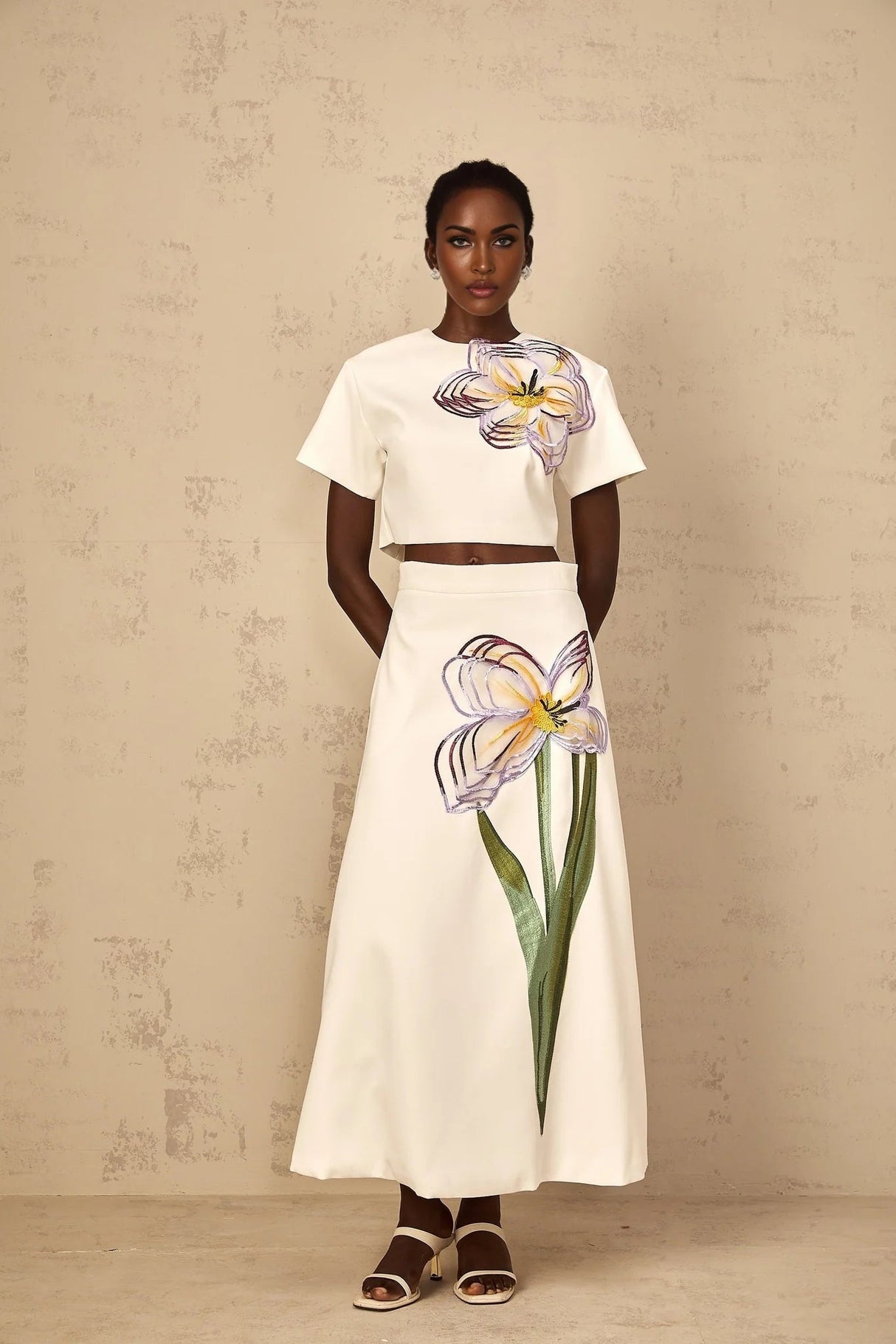 Helena Top & Skirt Set with Floral Appliqué in White