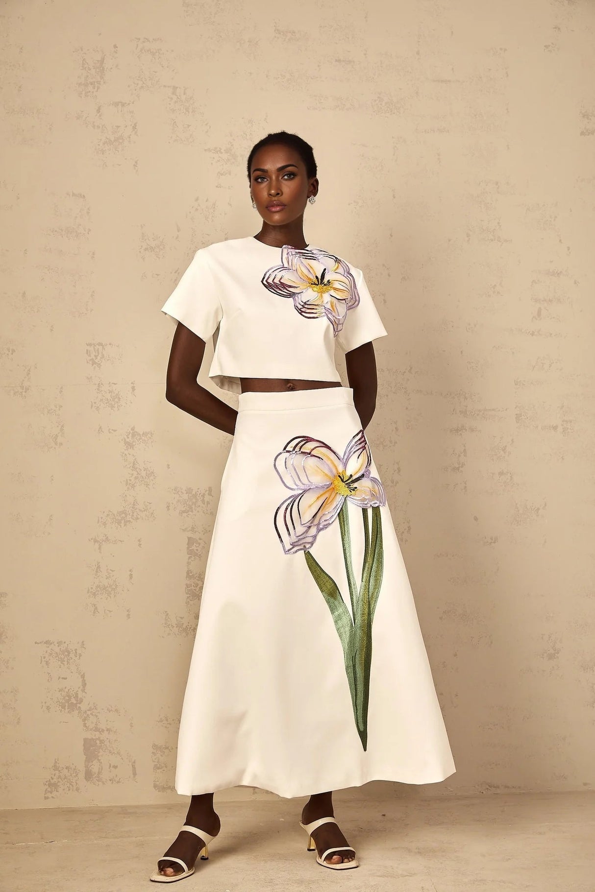 Helena Top & Skirt Set with Floral Appliqué in White