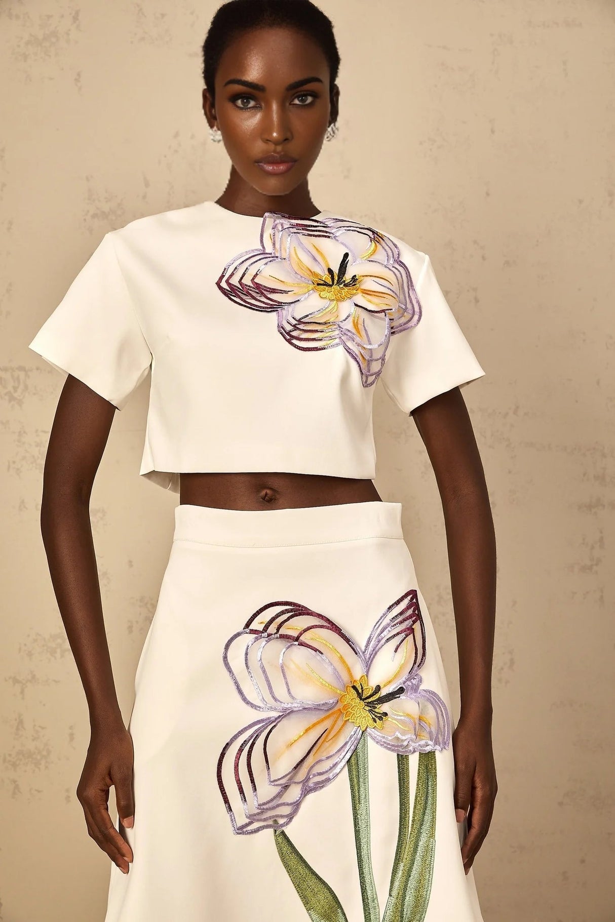 Helena Top & Skirt Set with Floral Appliqué in White