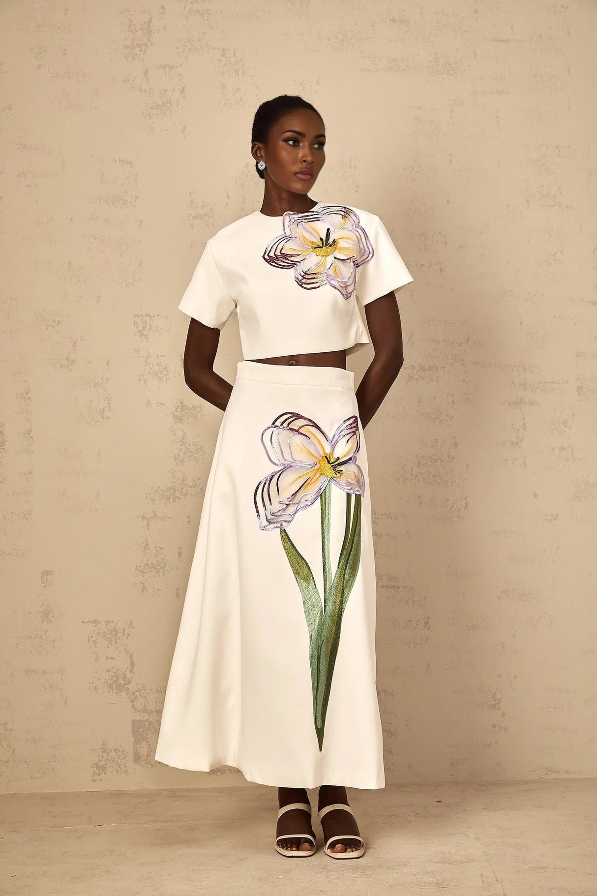 Helena Top & Skirt Set with Floral Appliqué in White