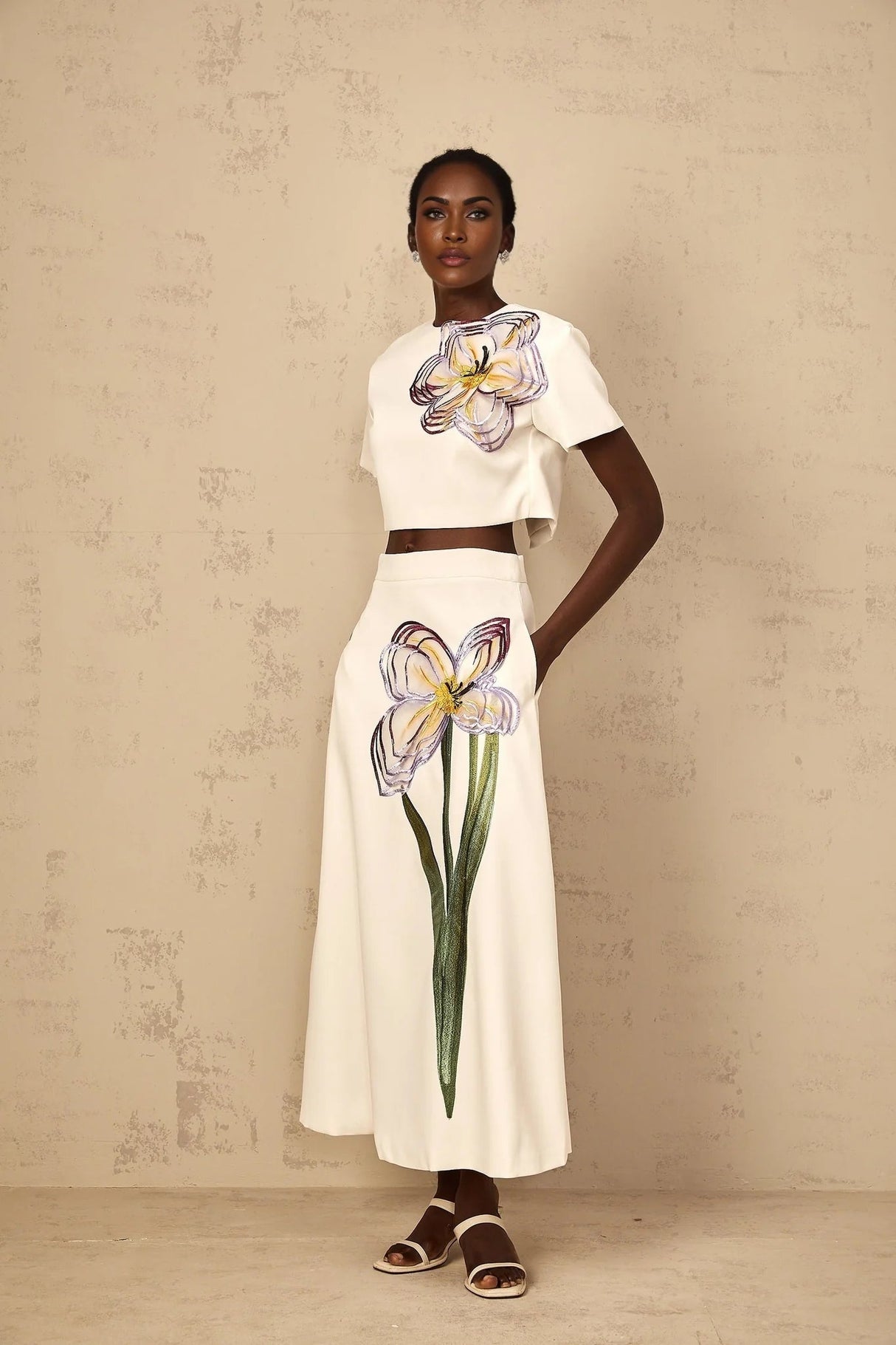 Helena Top & Skirt Set with Floral Appliqué in White