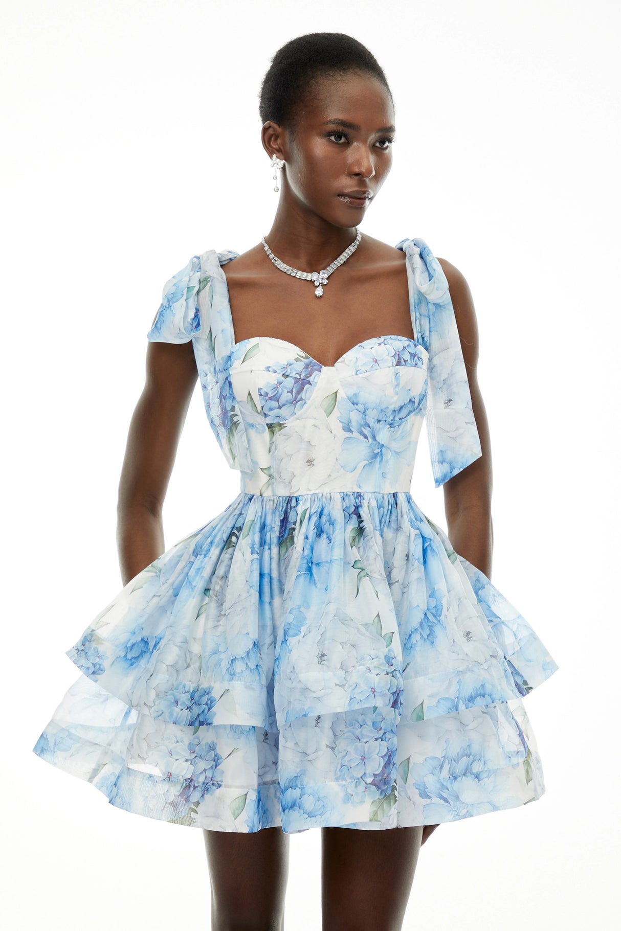 Hélène Blue Floral Print Flounced Mini Dress