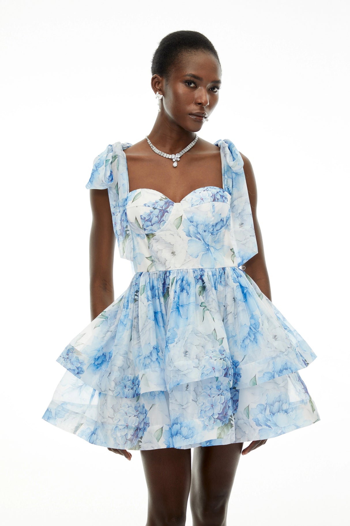 Hélène Blue Floral Print Flounced Mini Dress