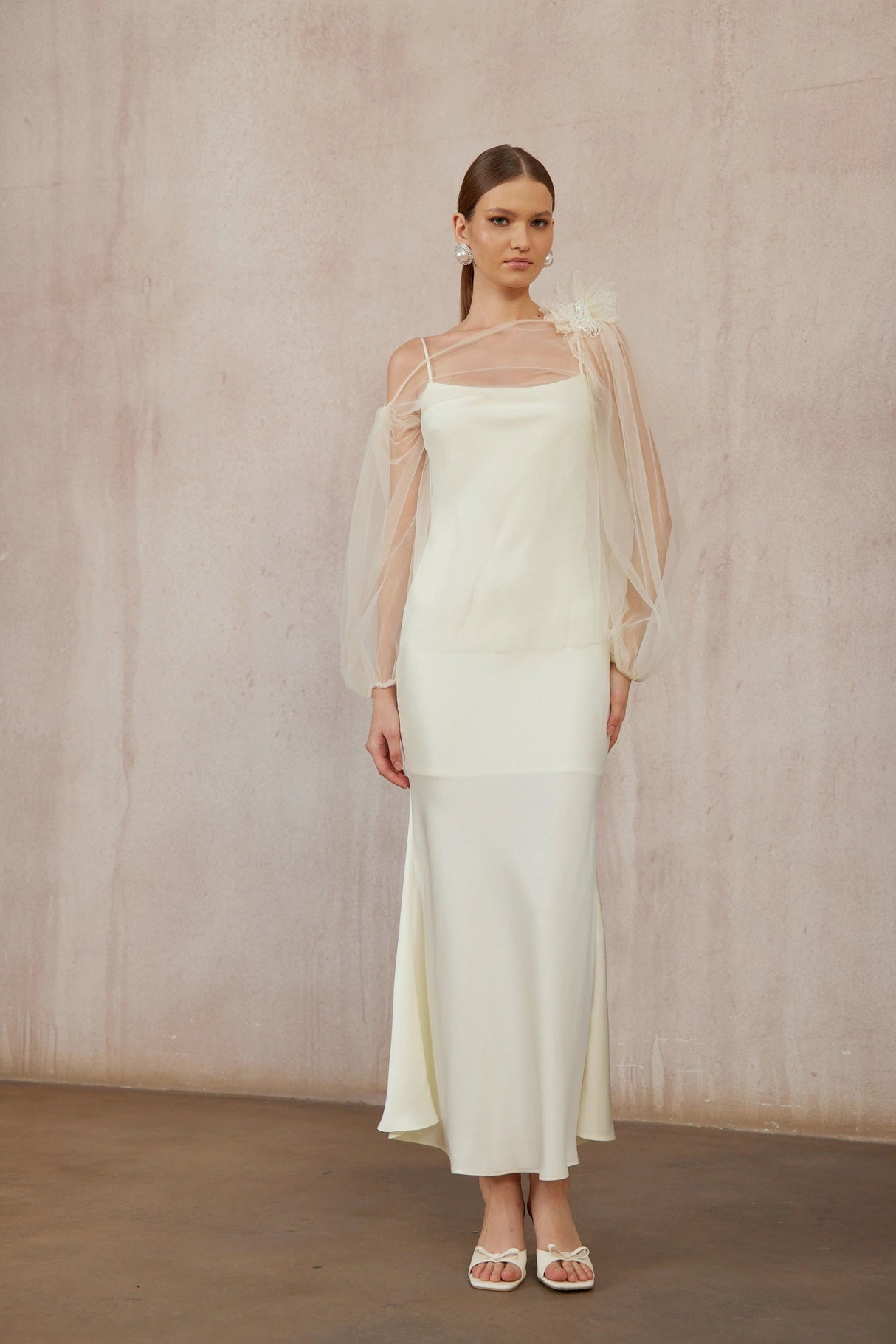Héloïse White Floral Tulle Blouse Satin Dress Set