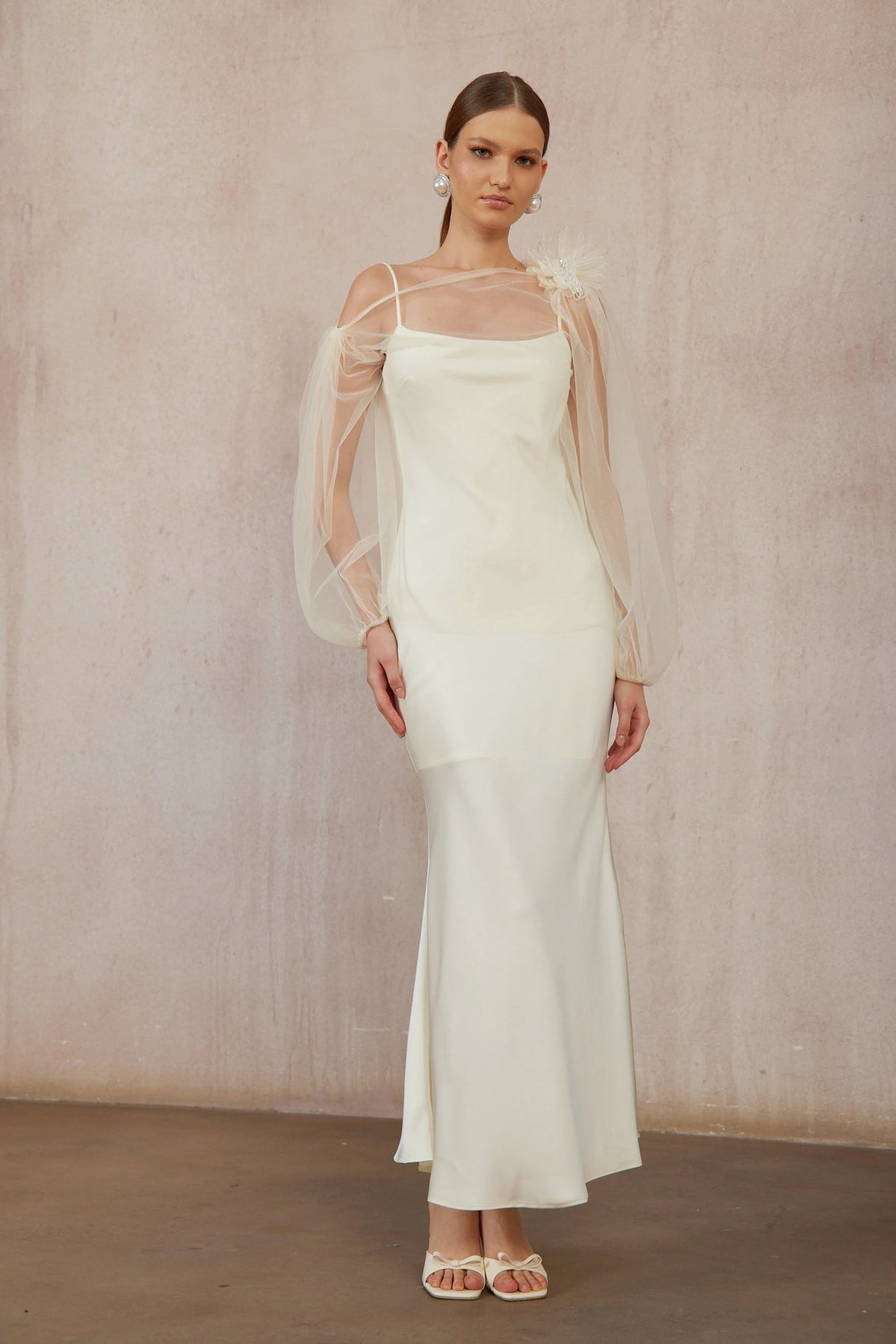 Héloïse White Floral Tulle Blouse Satin Dress Set