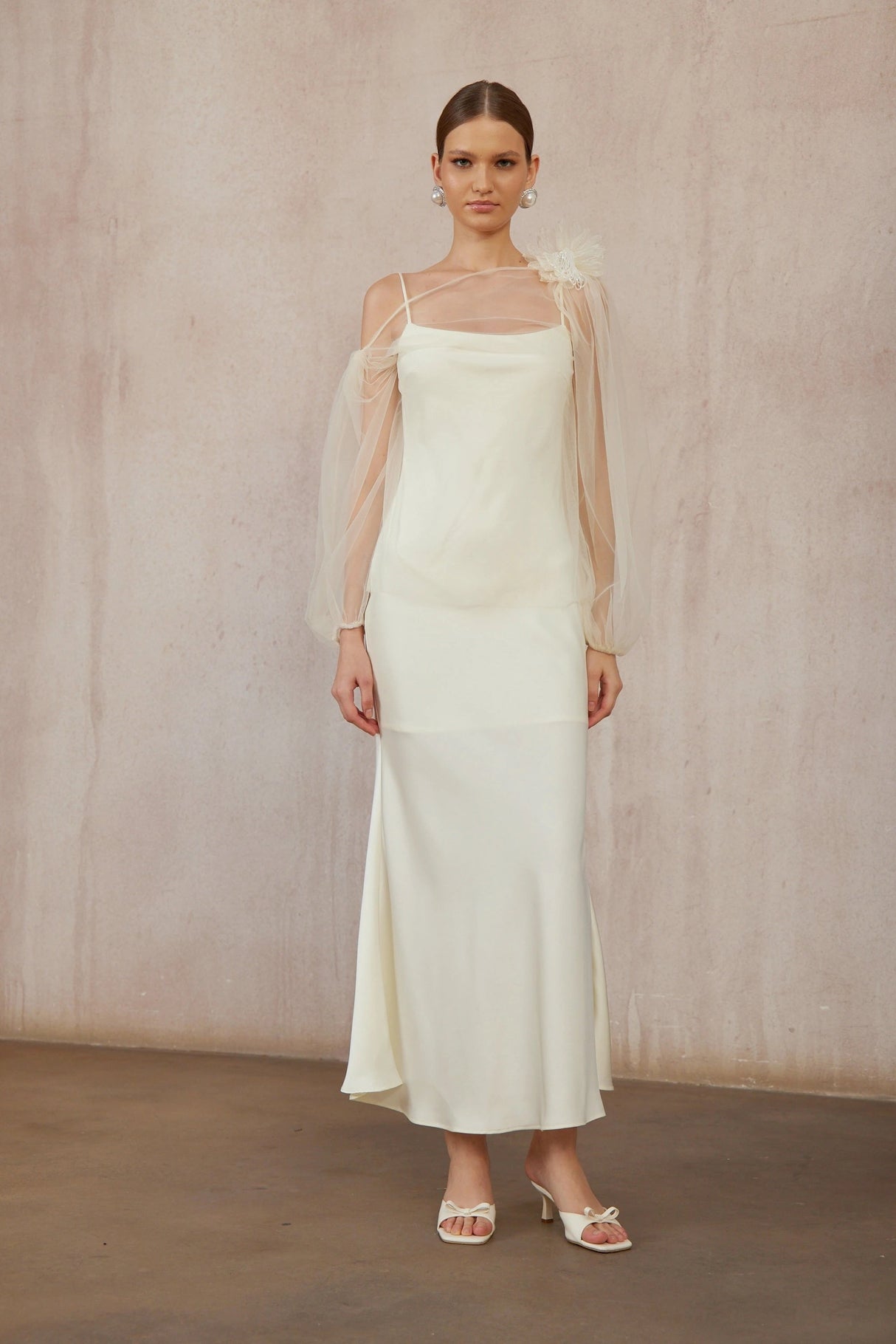 Héloïse White Floral Tulle Blouse Satin Dress Set