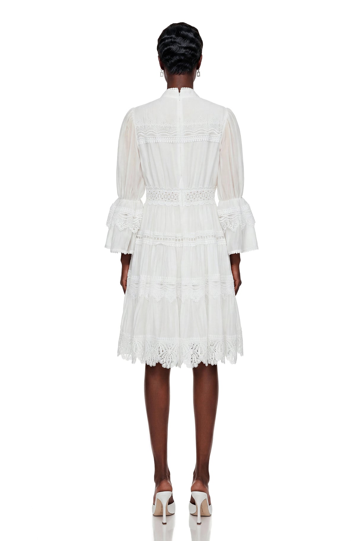 Hespera White Ruffled Floral Lace Mini Dress
