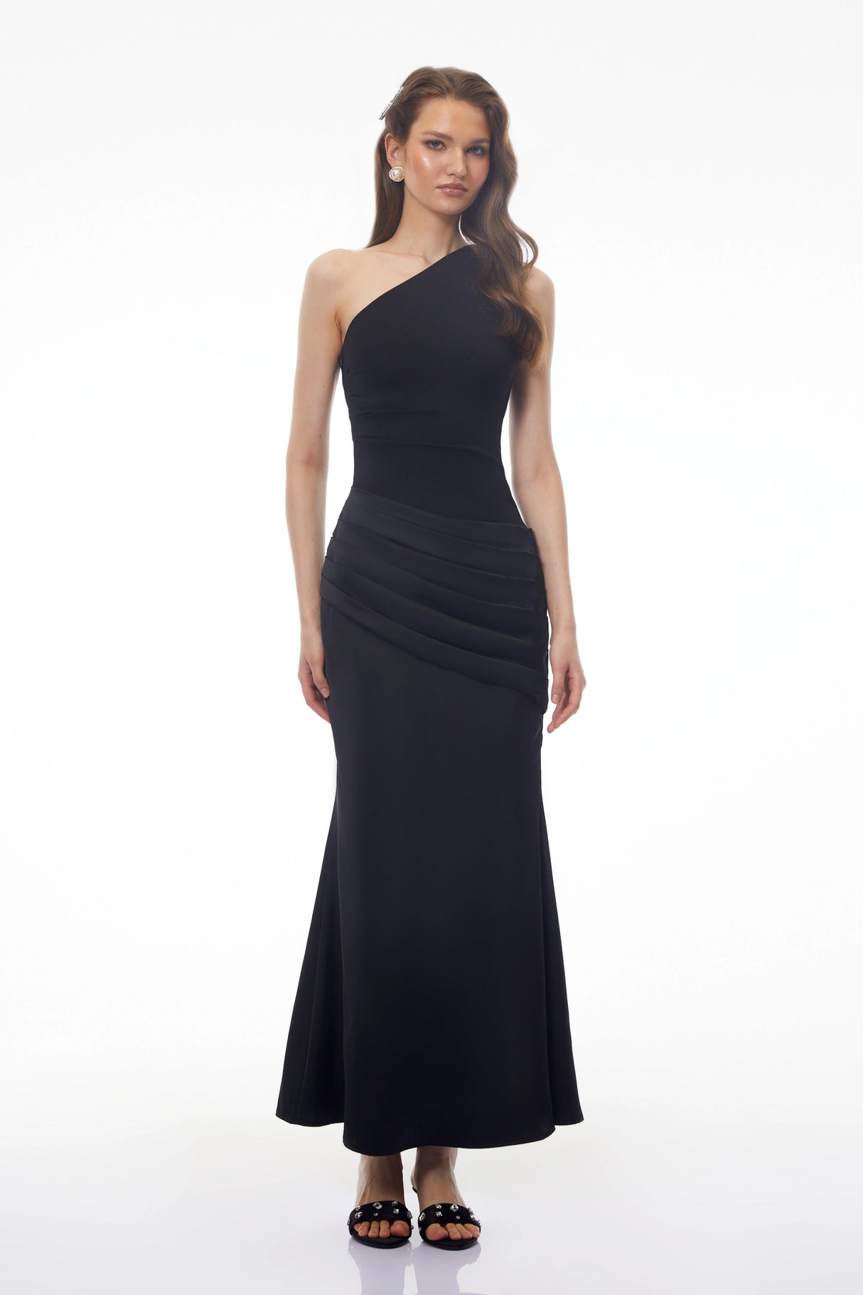 Hestia Black Ruched Maxi Dress with Satin Panels