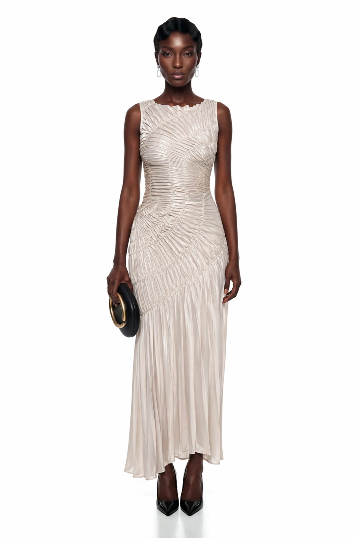 Hestia Champagne Ruched Asymmetrical Maxi Dress