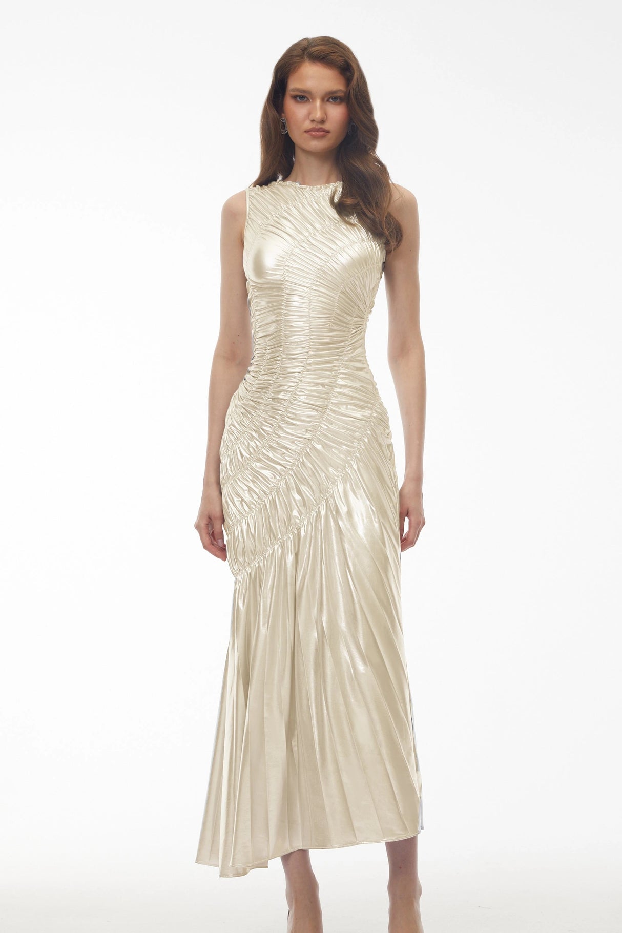 Hestia Champagne Ruched Asymmetrical Maxi Dress
