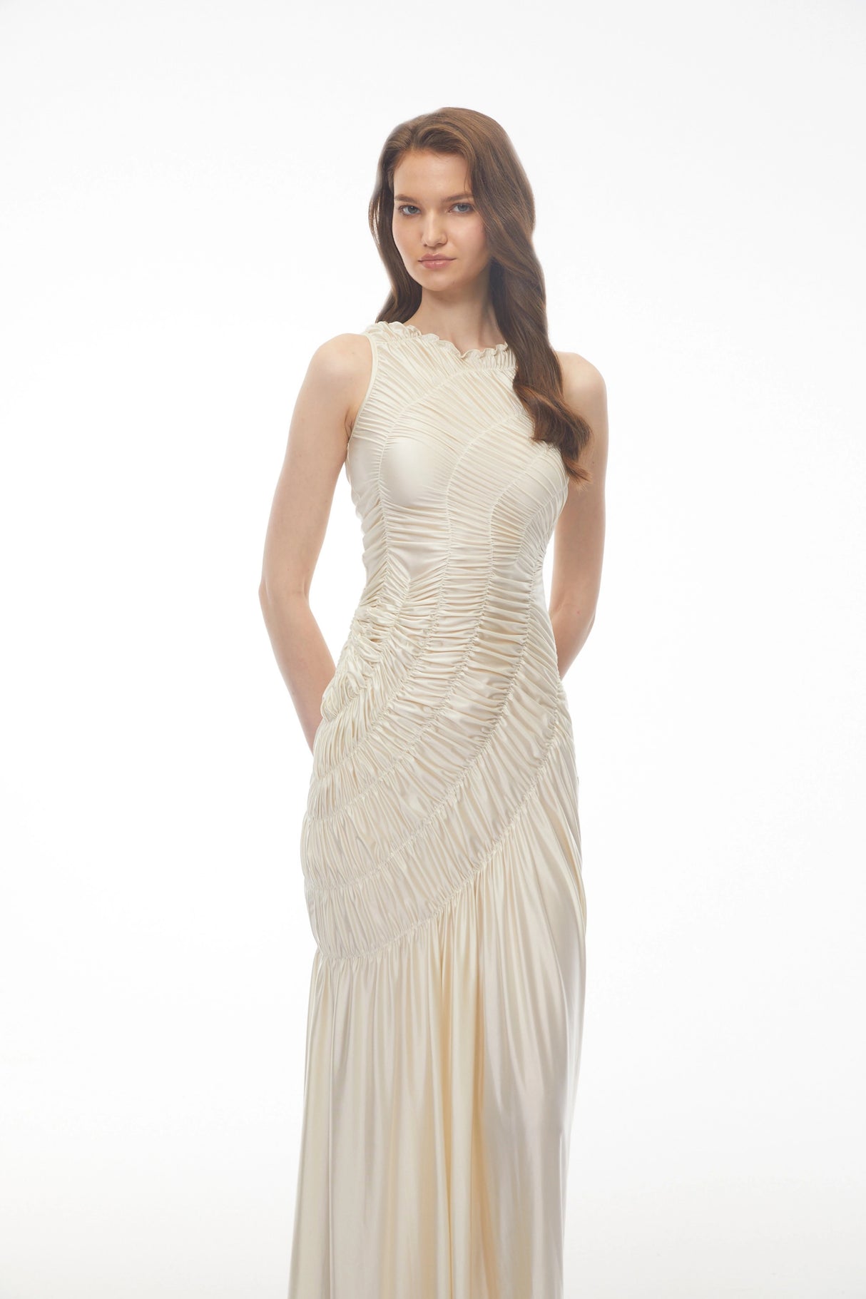 Hestia Champagne Ruched Asymmetrical Maxi Dress