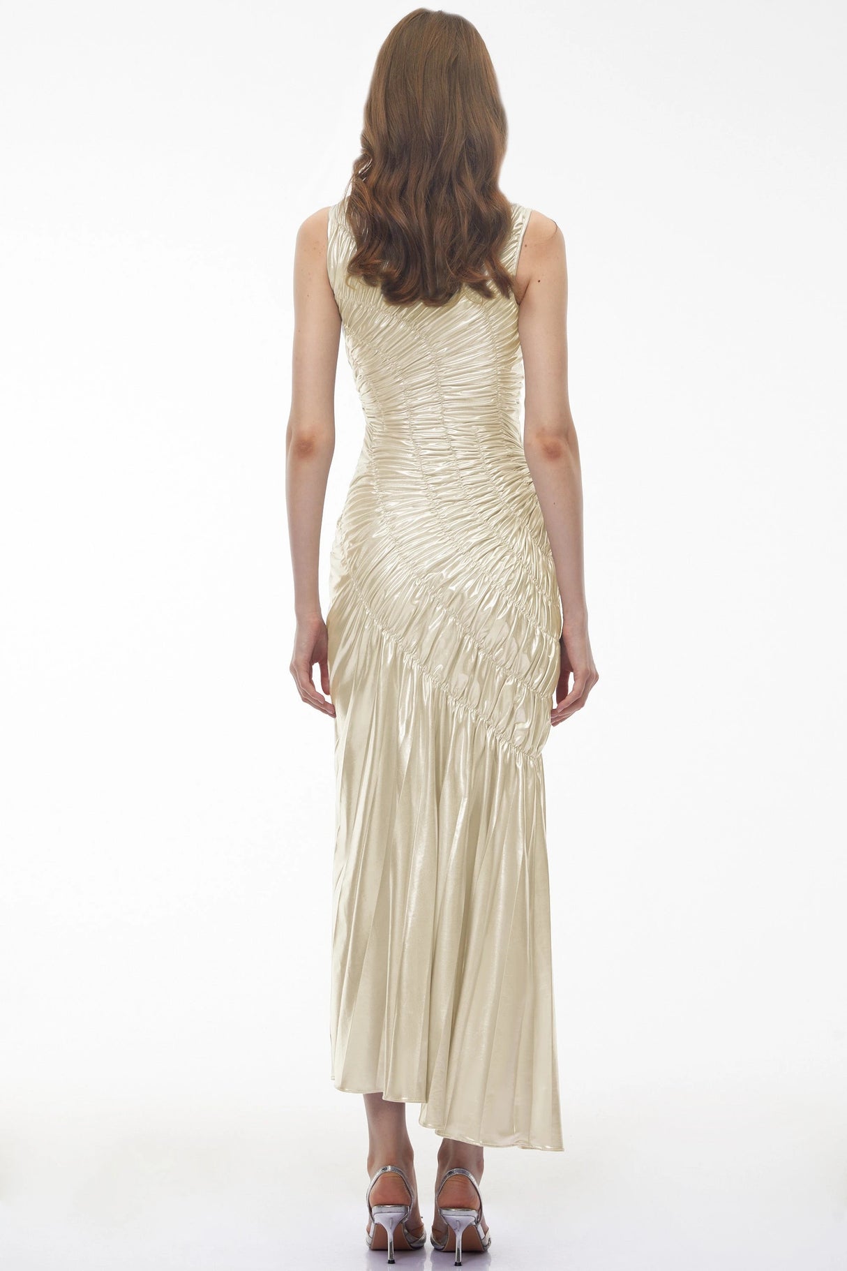 Hestia Champagne Ruched Asymmetrical Maxi Dress