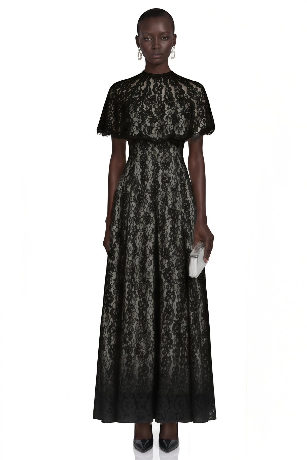 Hikawera Black Lace Maxi Dress with Cape