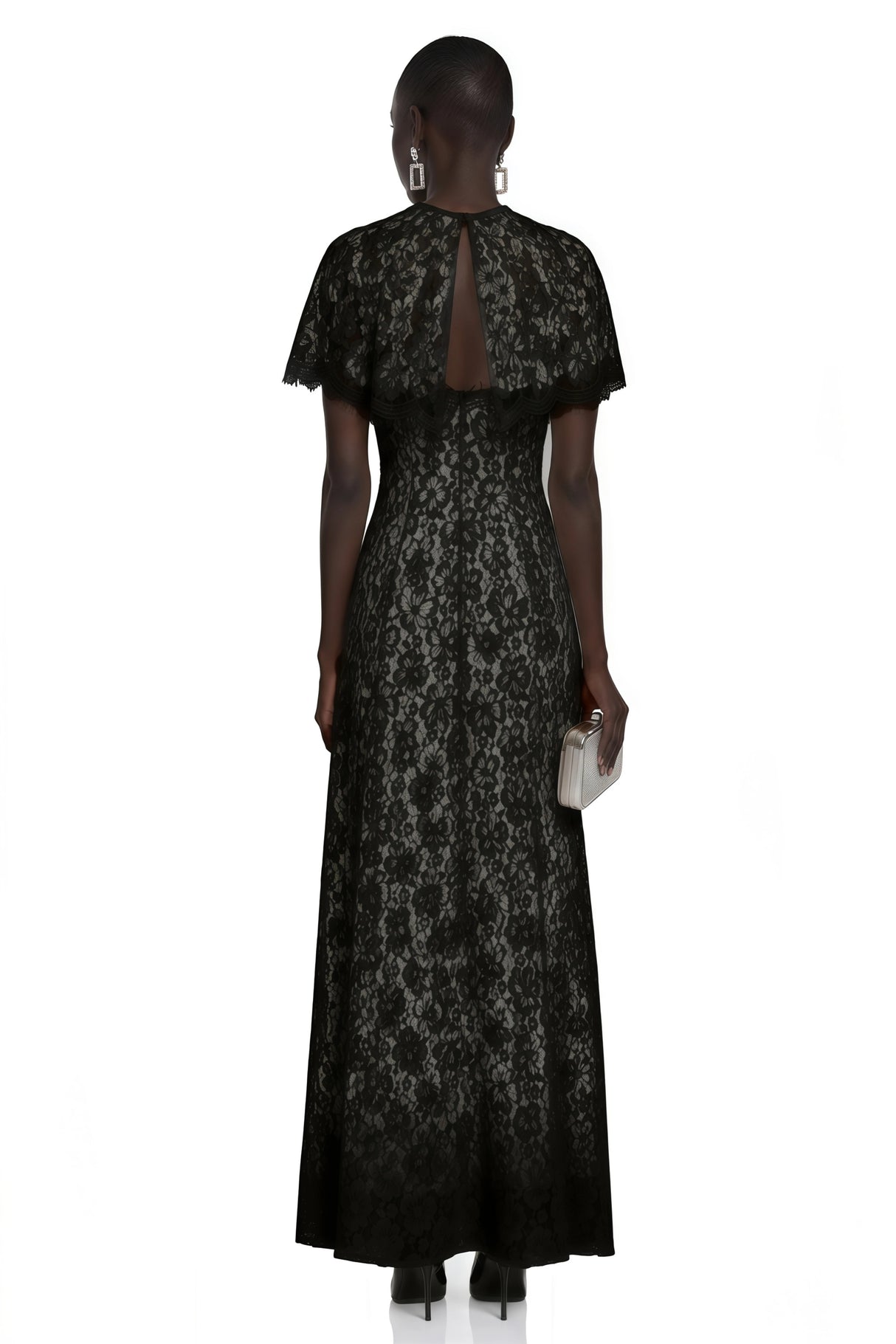 Hikawera Black Lace Maxi Dress with Cape