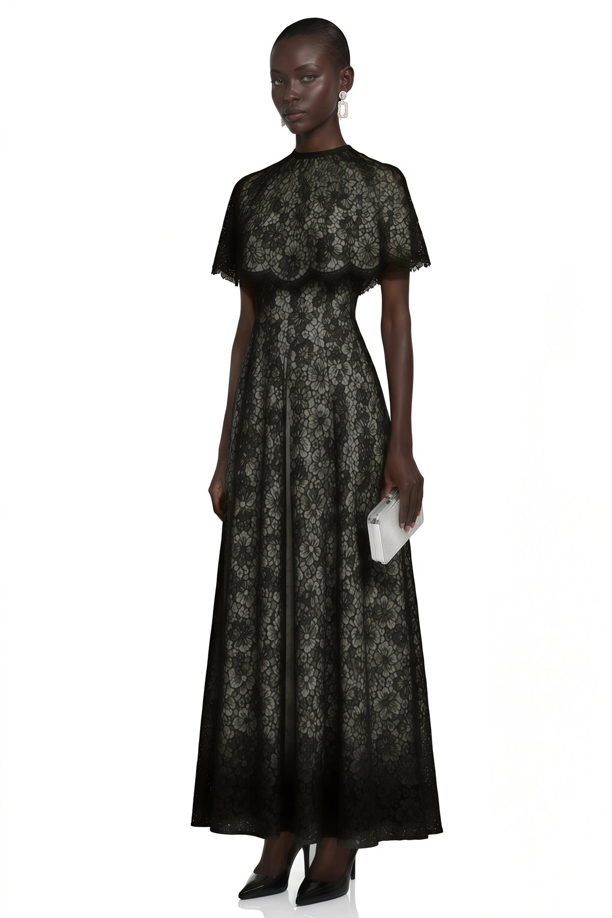Hikawera Black Lace Maxi Dress with Cape