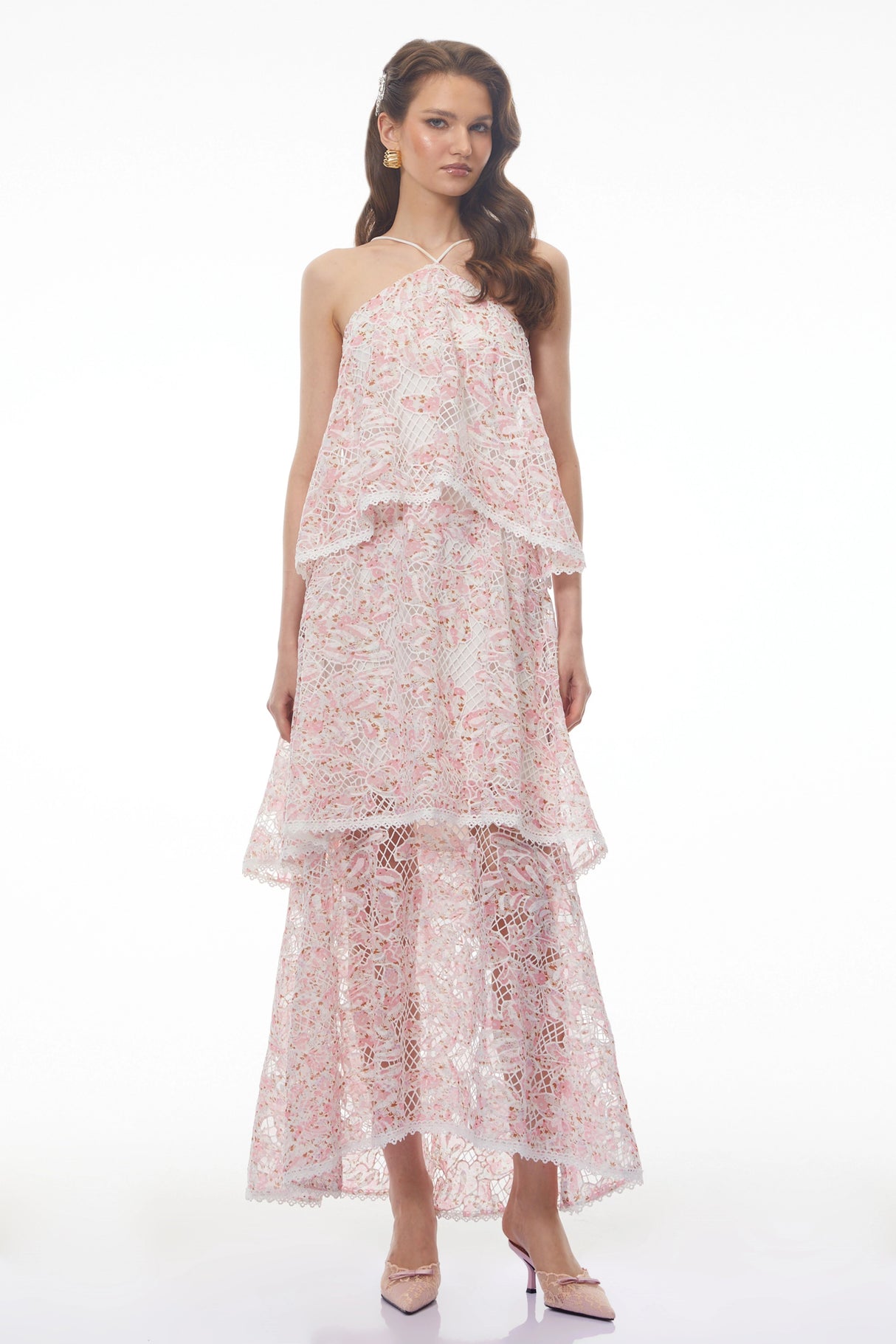 Hine Pink Halterneck Lace Maxi Dress