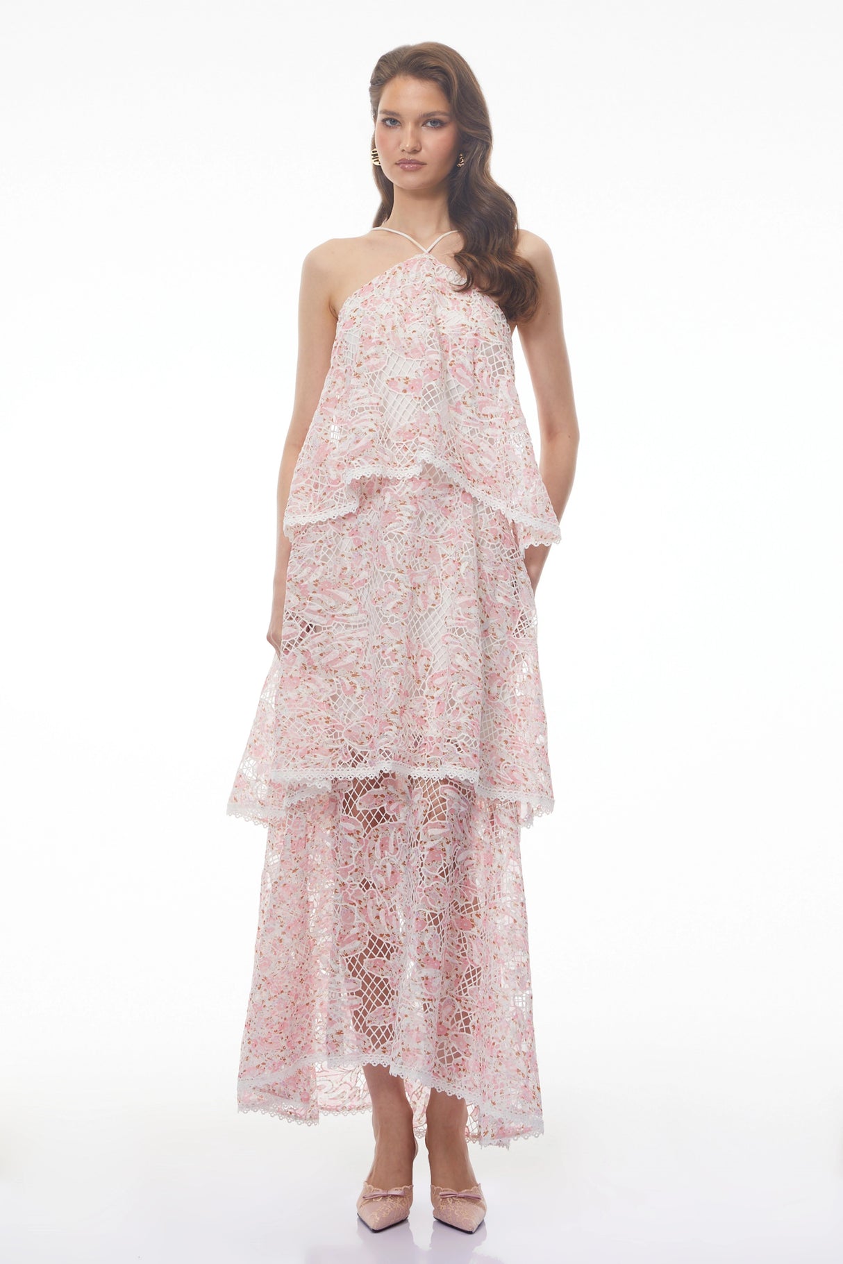 Hine Pink Halterneck Lace Maxi Dress