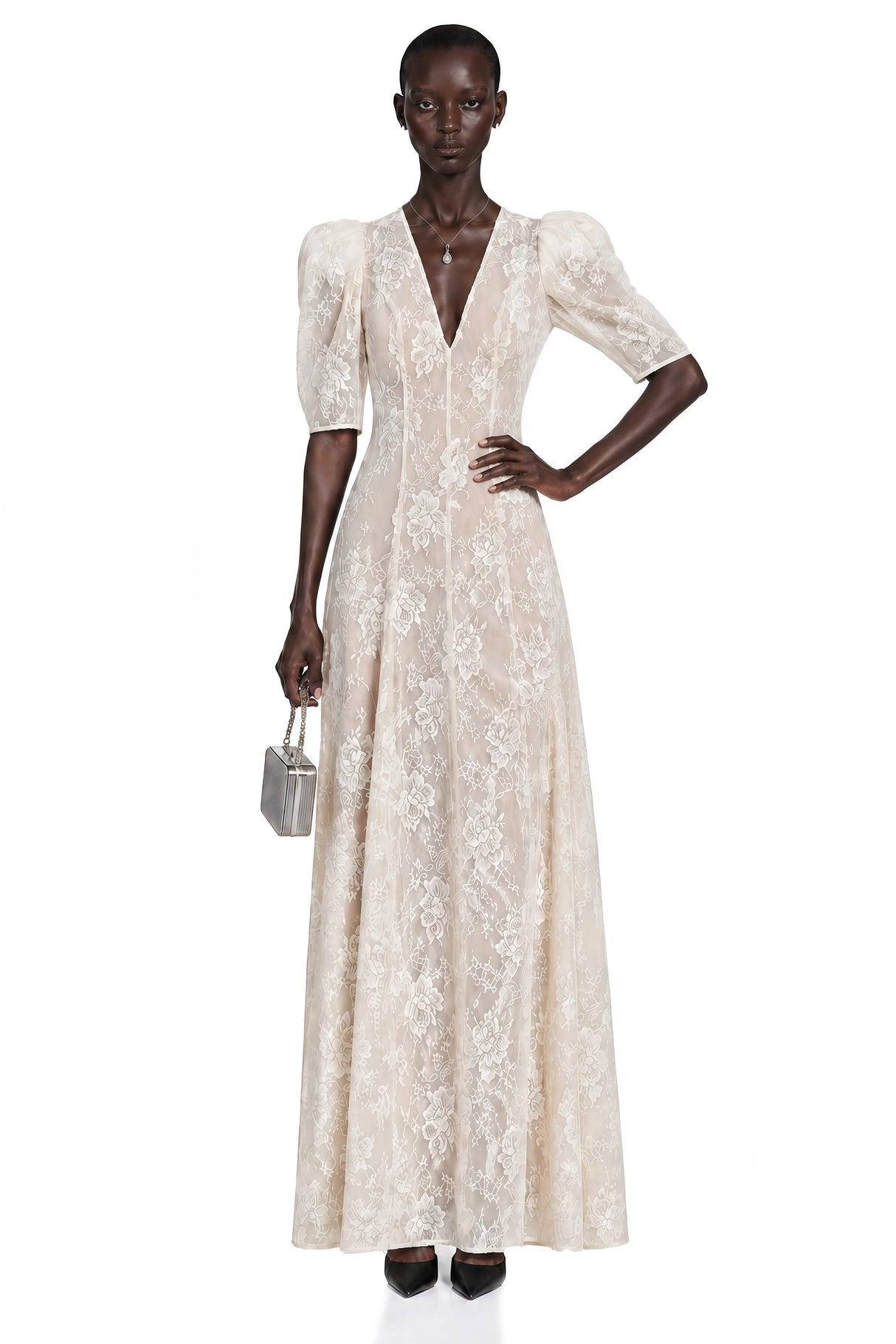 Hinekawa White VNeck Lace Maxi Dress
