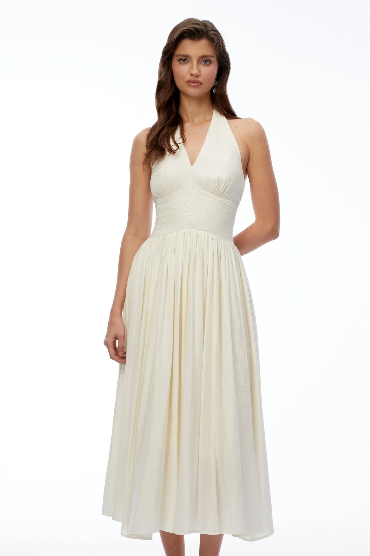 Hinewai Cream Halterneck Ruched Midi Dress