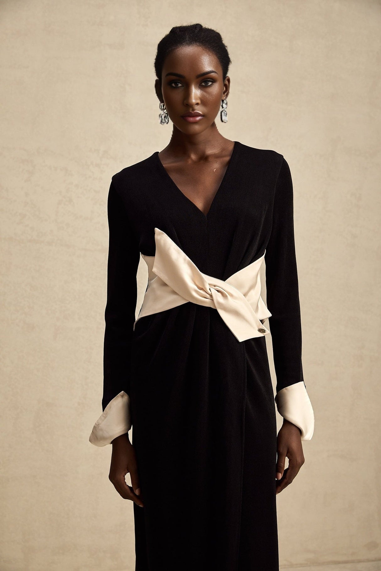 Holland Maxi Dress - Long Sleeve V - Neck Design - Bow Embellished Waist - Corset Style with High Slit