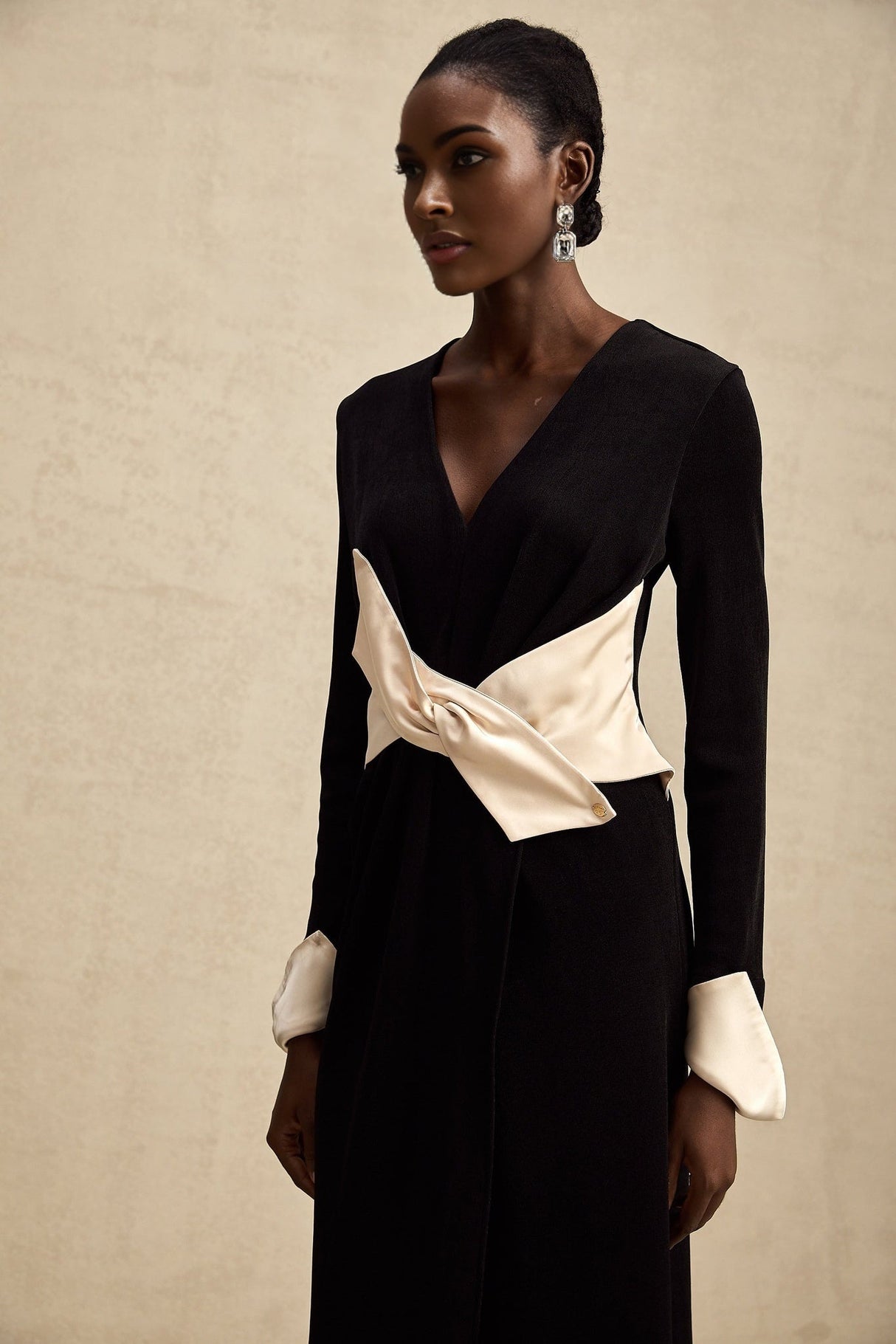 Holland Maxi Dress - Long Sleeve V - Neck Design - Bow Embellished Waist - Corset Style with High Slit