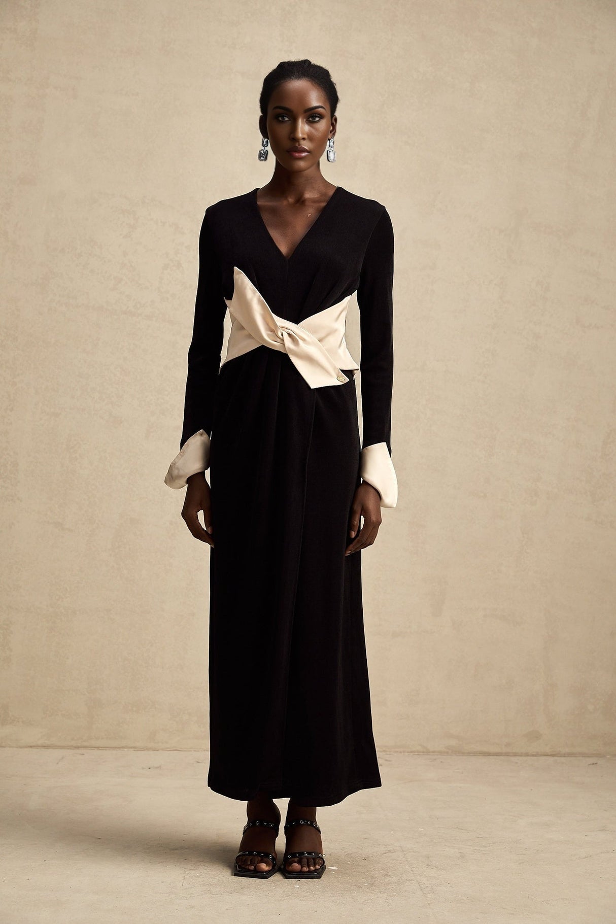 Holland Maxi Dress - Long Sleeve V - Neck Design - Bow Embellished Waist - Corset Style with High Slit