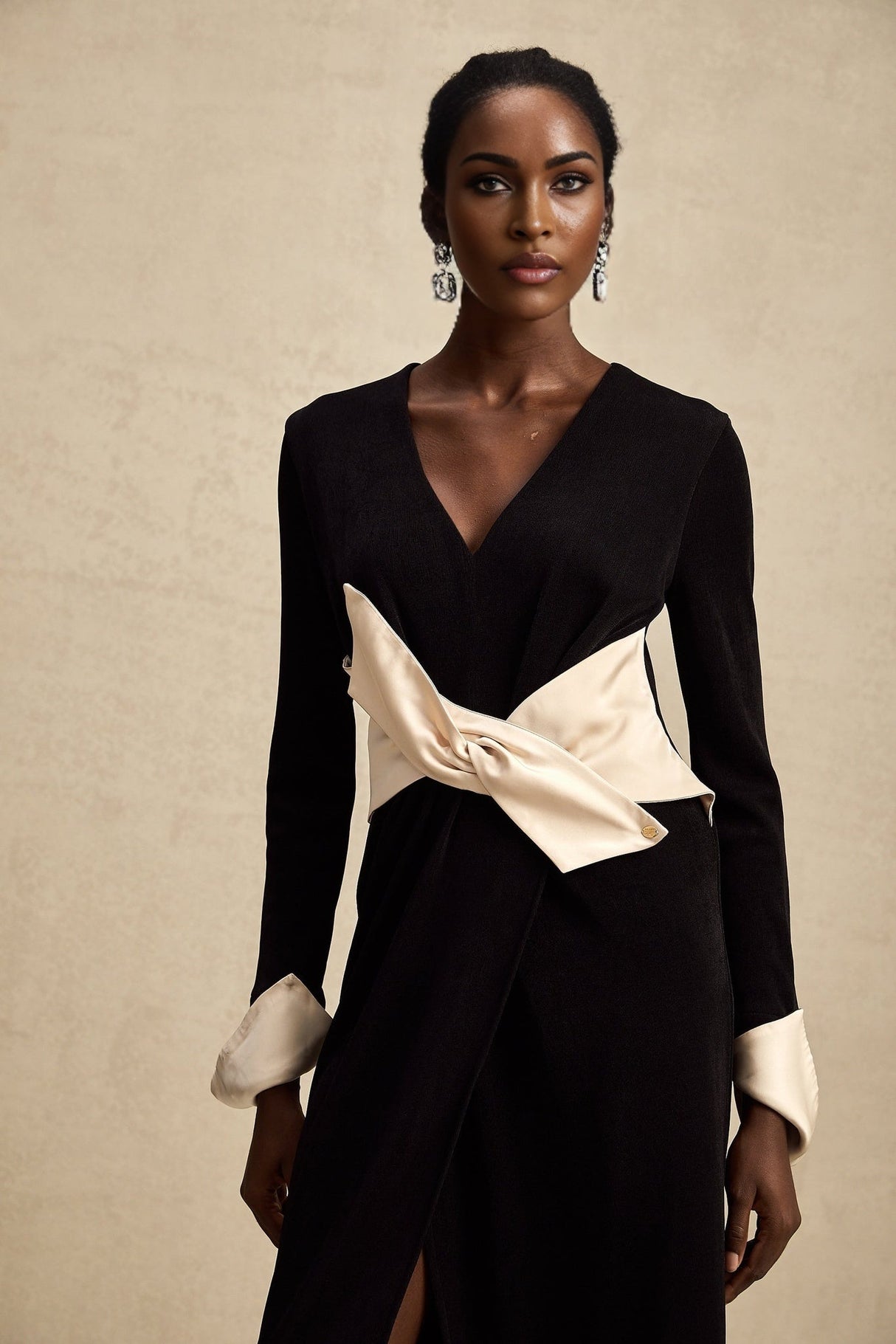 Holland Maxi Dress - Long Sleeve V - Neck Design - Bow Embellished Waist - Corset Style with High Slit