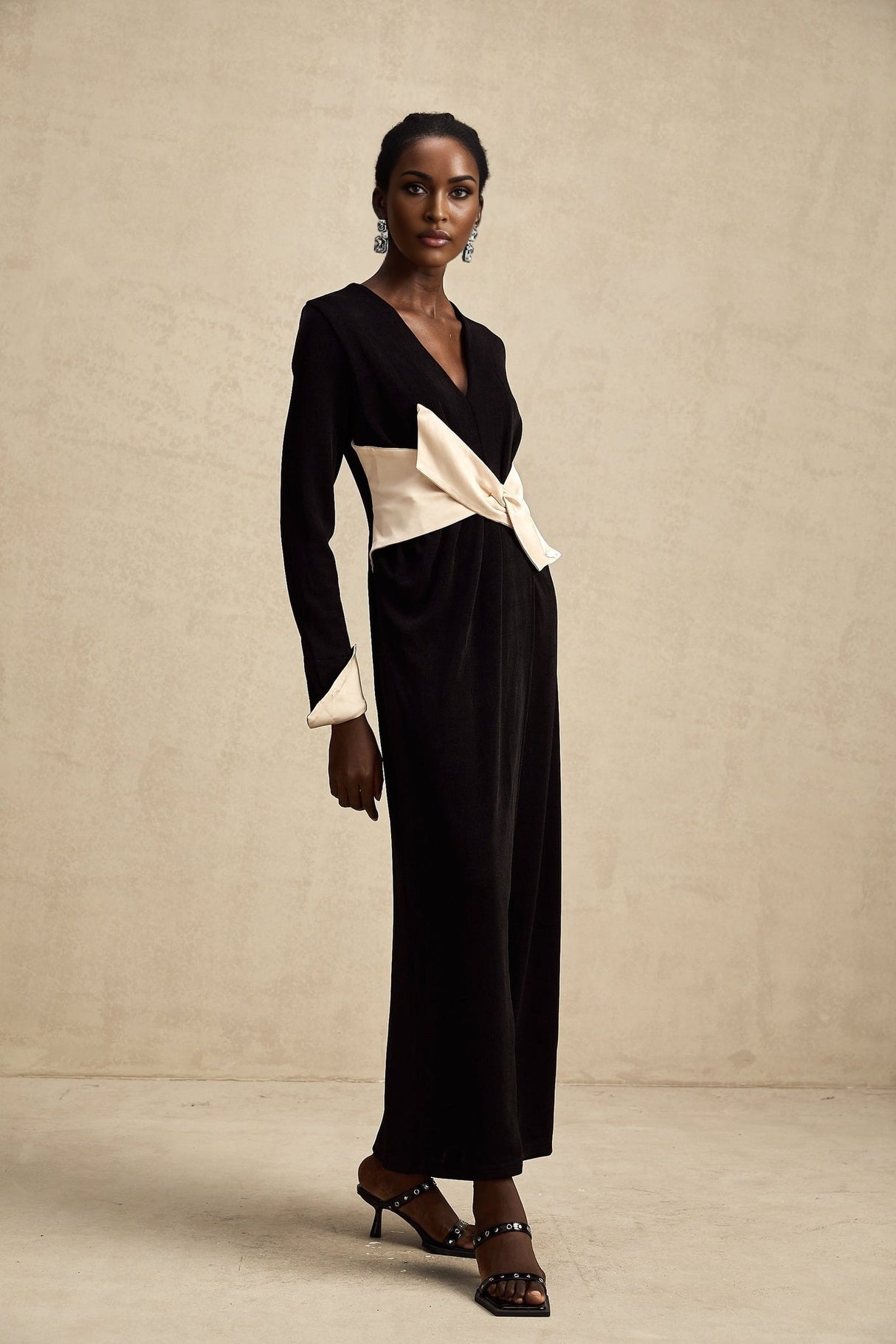 Holland Maxi Dress - Long Sleeve V - Neck Design - Bow Embellished Waist - Corset Style with High Slit