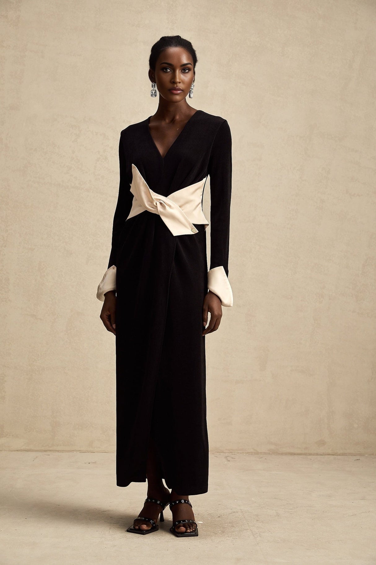 Holland Maxi Dress - Long Sleeve V - Neck Design - Bow Embellished Waist - Corset Style with High Slit