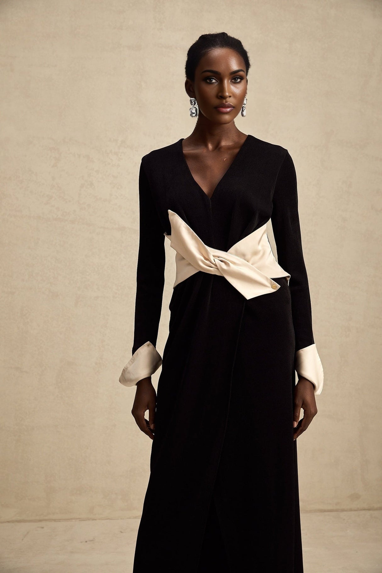 Holland Maxi Dress - Long Sleeve V - Neck Design - Bow Embellished Waist - Corset Style with High Slit