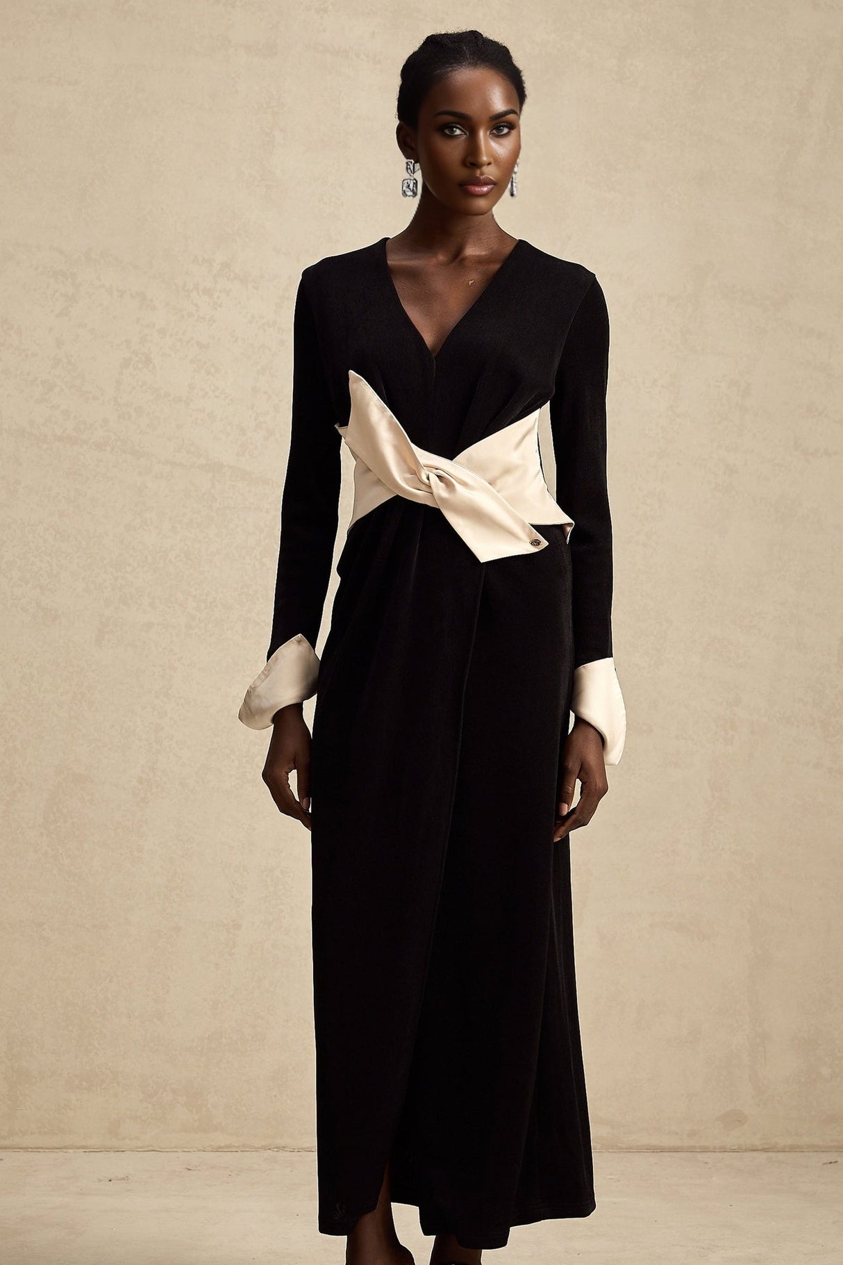 Holland Maxi Dress - Long Sleeve V - Neck Design - Bow Embellished Waist - Corset Style with High Slit