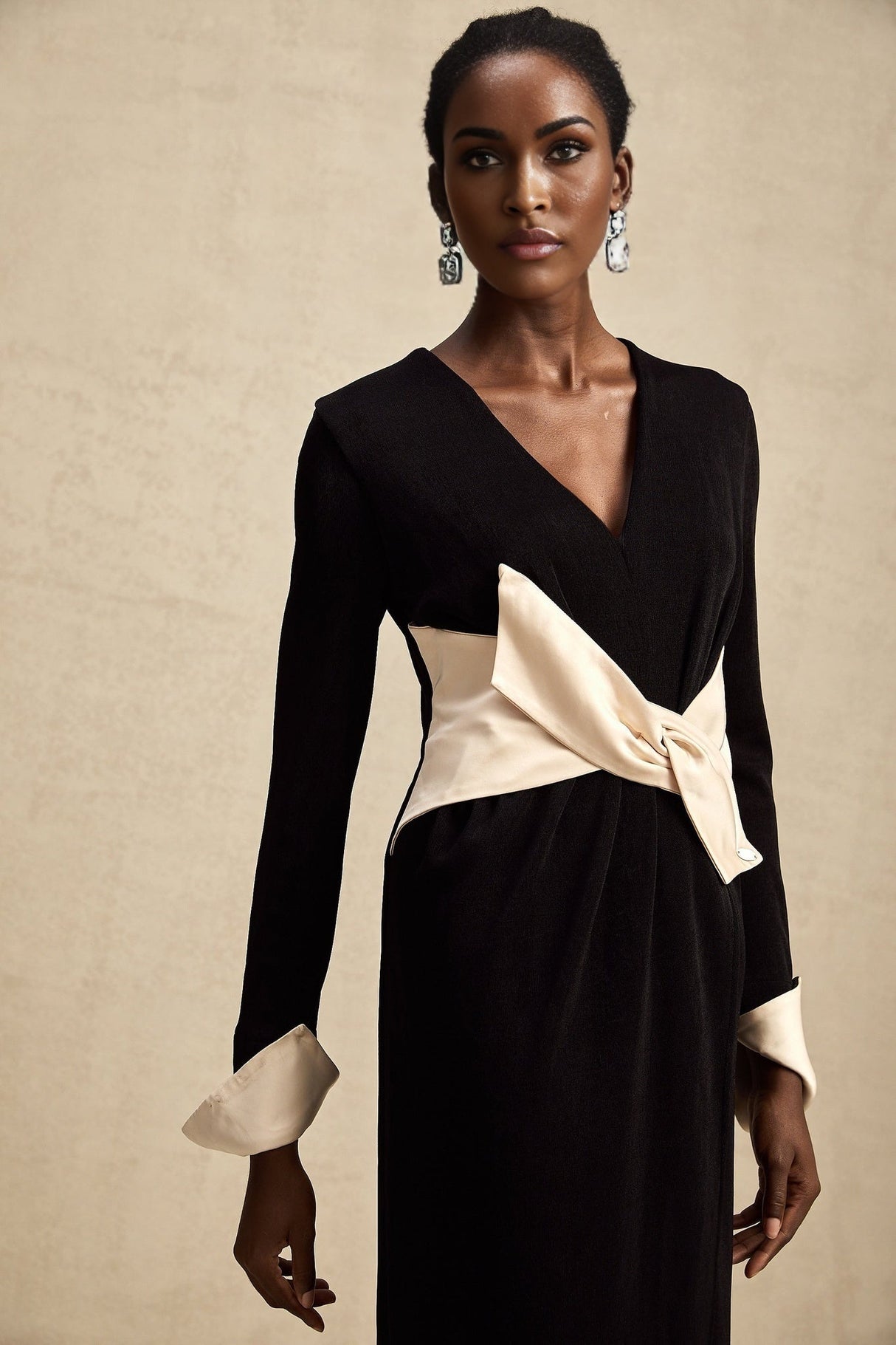 Holland Maxi Dress - Long Sleeve V - Neck Design - Bow Embellished Waist - Corset Style with High Slit