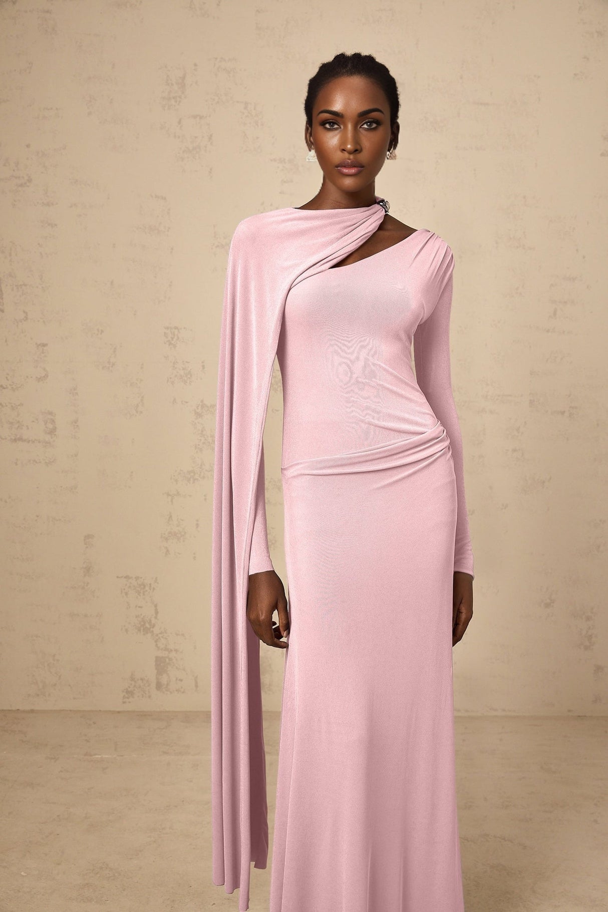 Holland Maxi Dress - Pink Diagonal Shawl Draped Ruched Silver - Tone