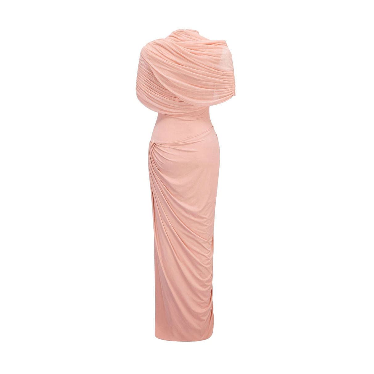 Holland Maxi Dress - Sleeveless with Crew Neck - Shawl and Pleated Detail - Asymmetric Design - Floor Length Style