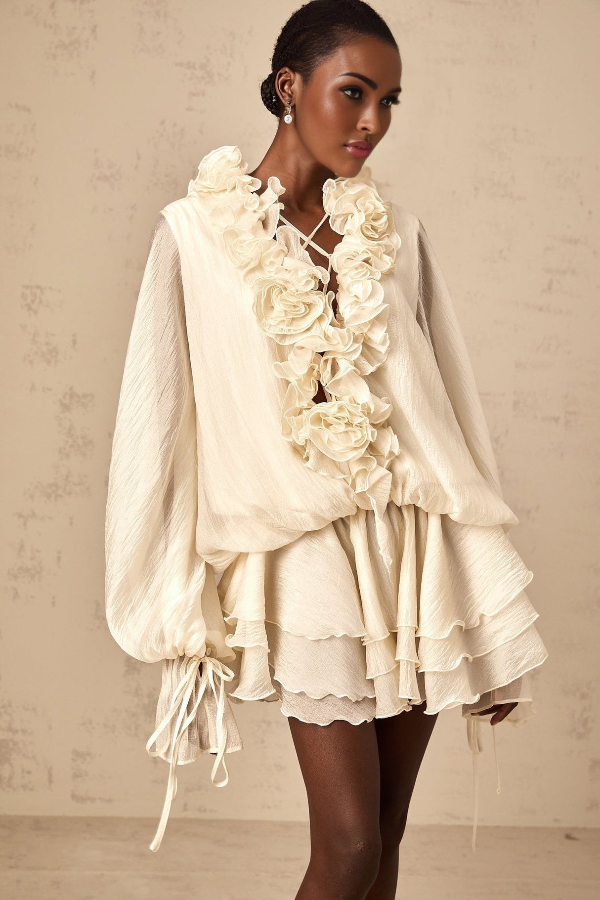 Holland Mini Dress – V - neck – Long Puff Sleeves – Floral Appliqué