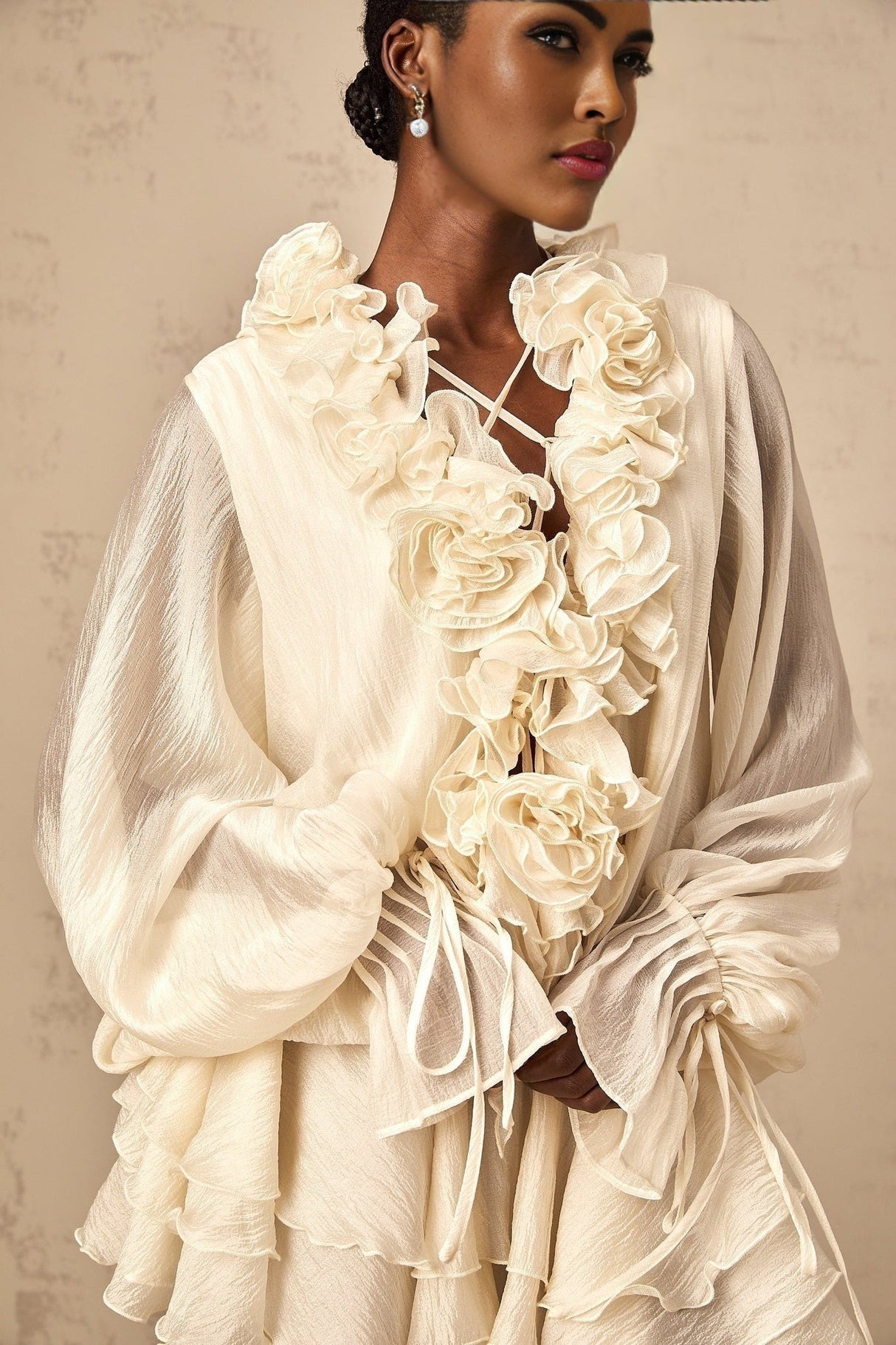 Holland Mini Dress – V - neck – Long Puff Sleeves – Floral Appliqué