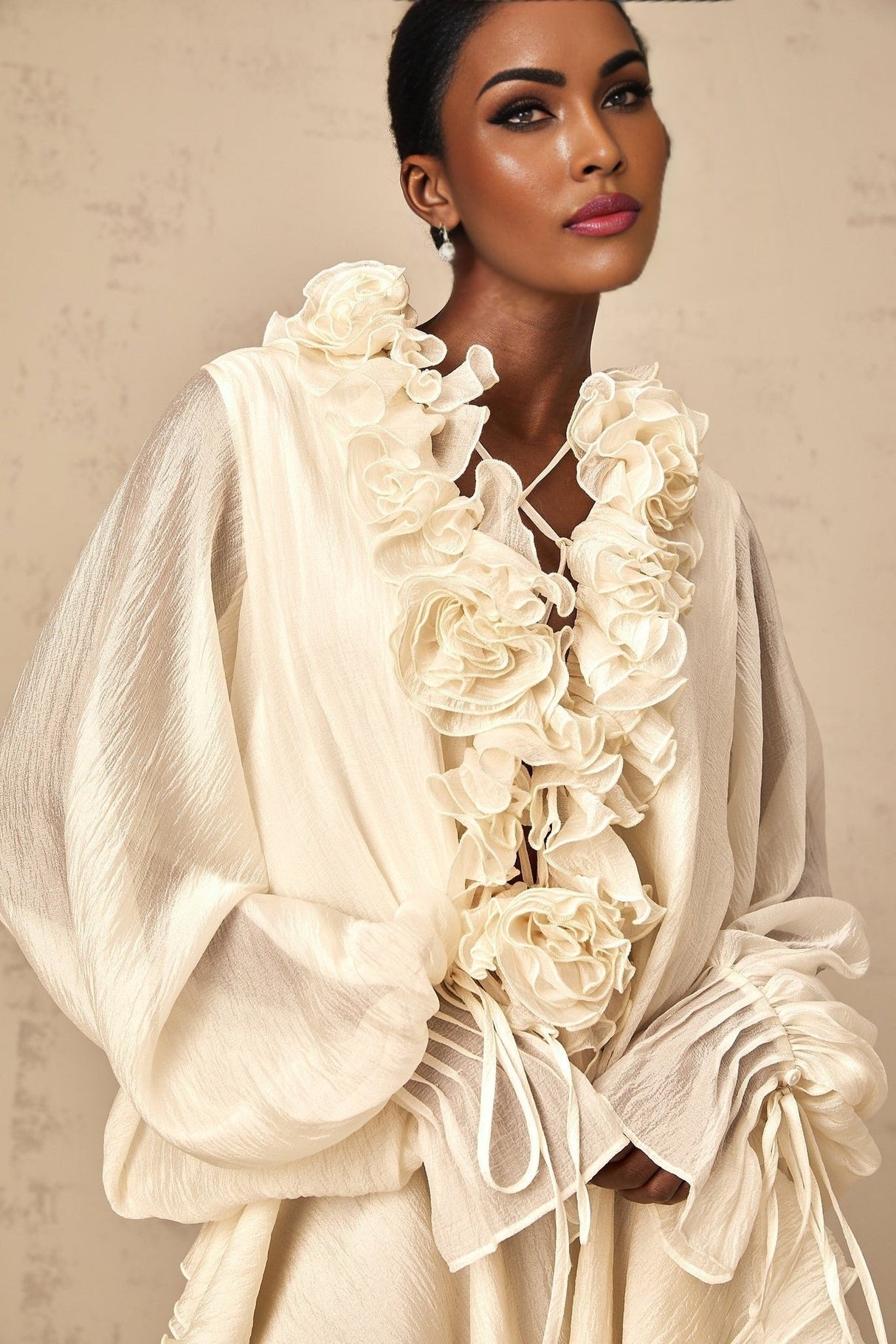 Holland Mini Dress – V - neck – Long Puff Sleeves – Floral Appliqué