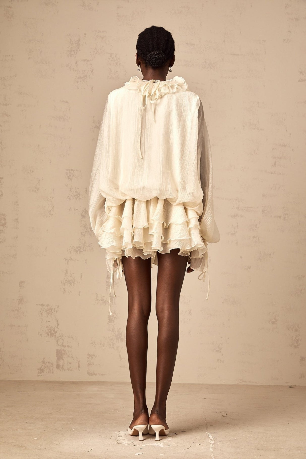 Holland Mini Dress – V - neck – Long Puff Sleeves – Floral Appliqué