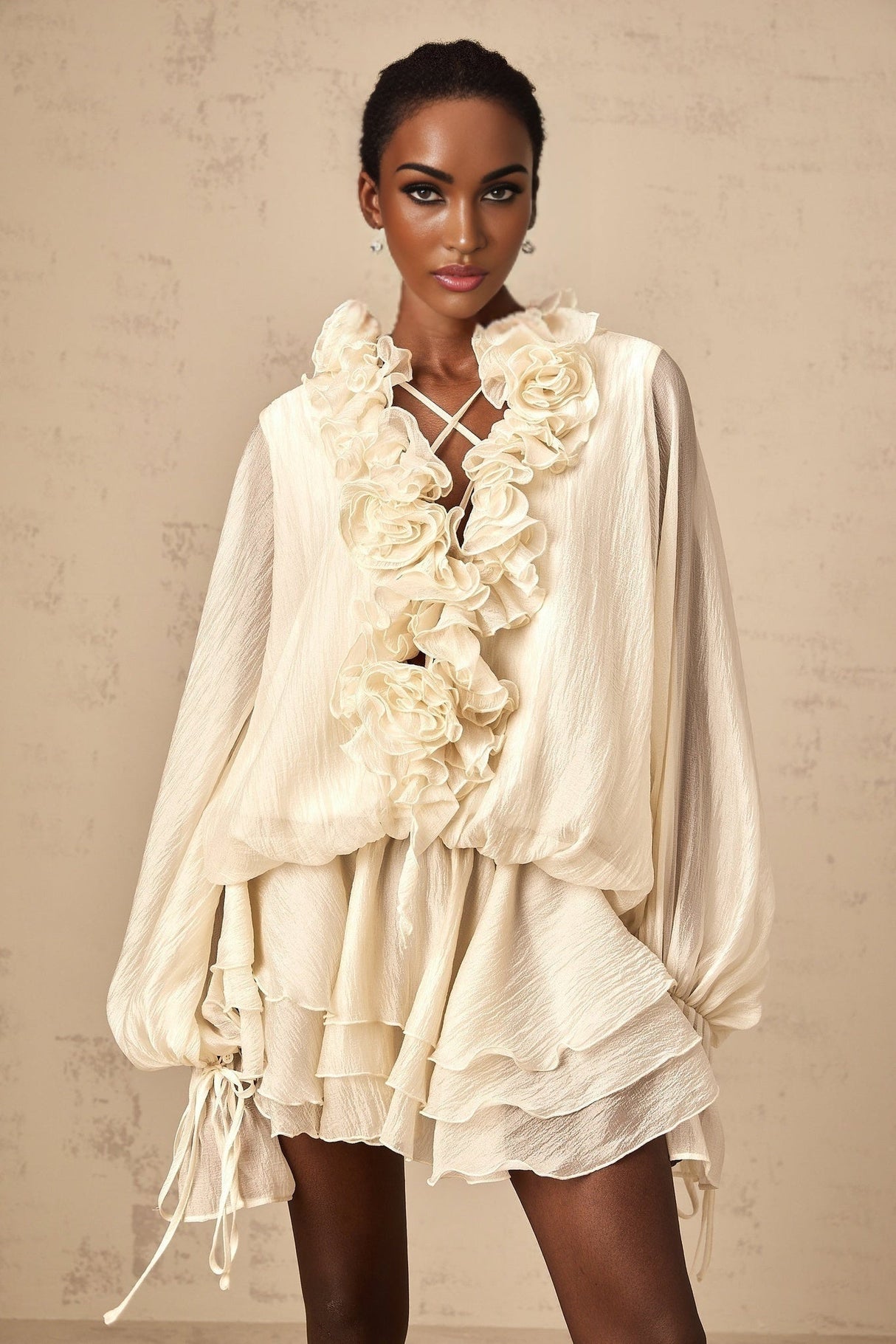 Holland Mini Dress – V - neck – Long Puff Sleeves – Floral Appliqué