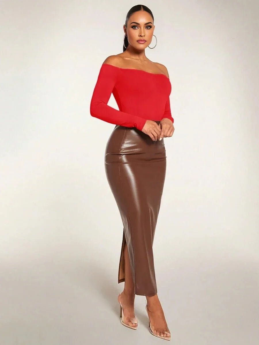 Holly Bodysuit - Off - Shoulder Neckline - Asymmetrical, Open Back - Casual Style - Long Sleeve Length - Medium Stretch Fabric - Adjusted Fit