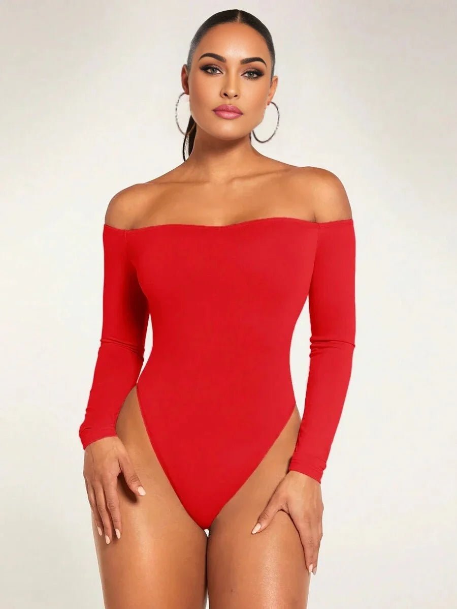 Holly Bodysuit - Off - Shoulder Neckline - Asymmetrical, Open Back - Casual Style - Long Sleeve Length - Medium Stretch Fabric - Adjusted Fit