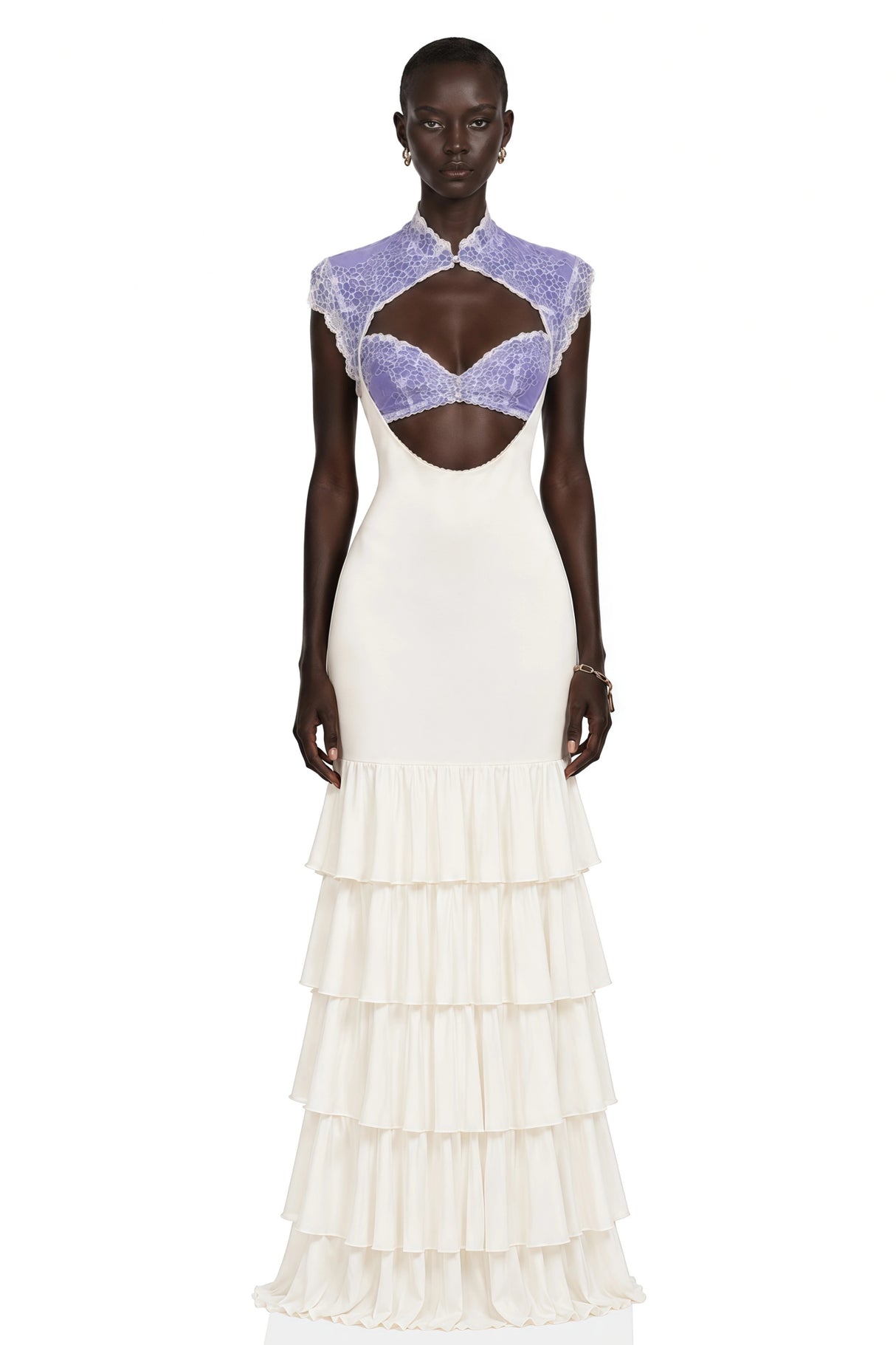 Holly Ivory Floral Lace Ruffled Maxi Dress with CutOuts