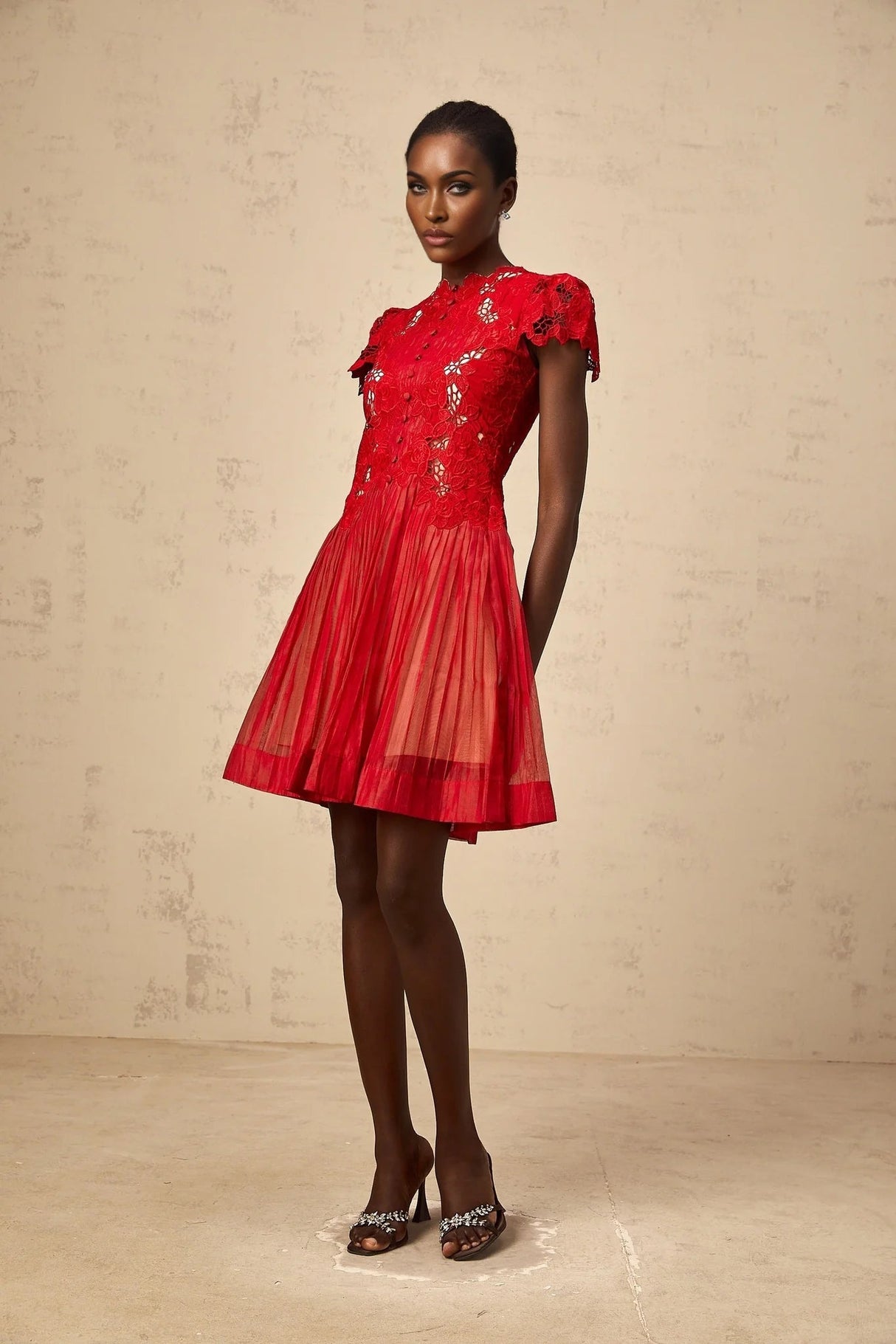 Holly Mini Dress Red Flower Embroidered & Pleated