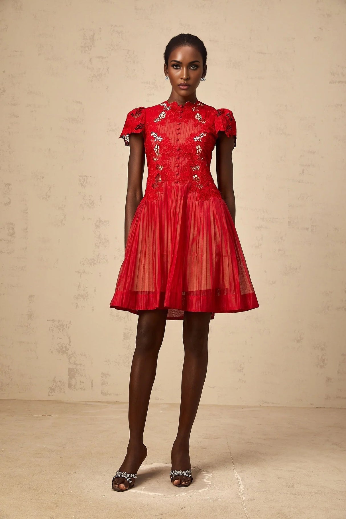 Holly Mini Dress Red Flower Embroidered & Pleated