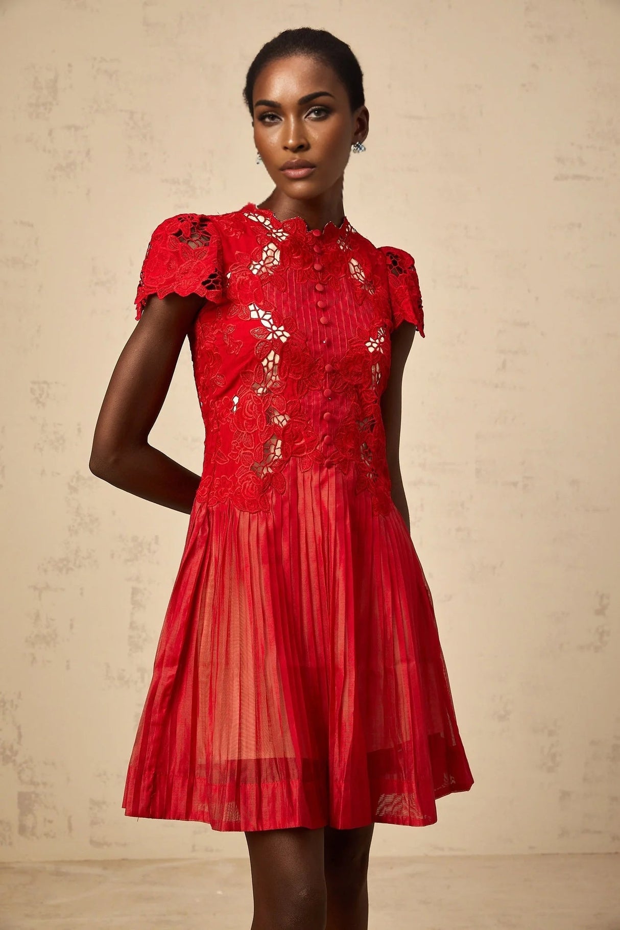 Holly Mini Dress Red Flower Embroidered & Pleated