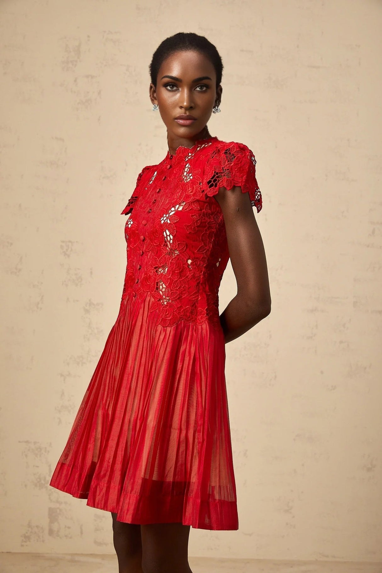 Holly Mini Dress Red Flower Embroidered & Pleated