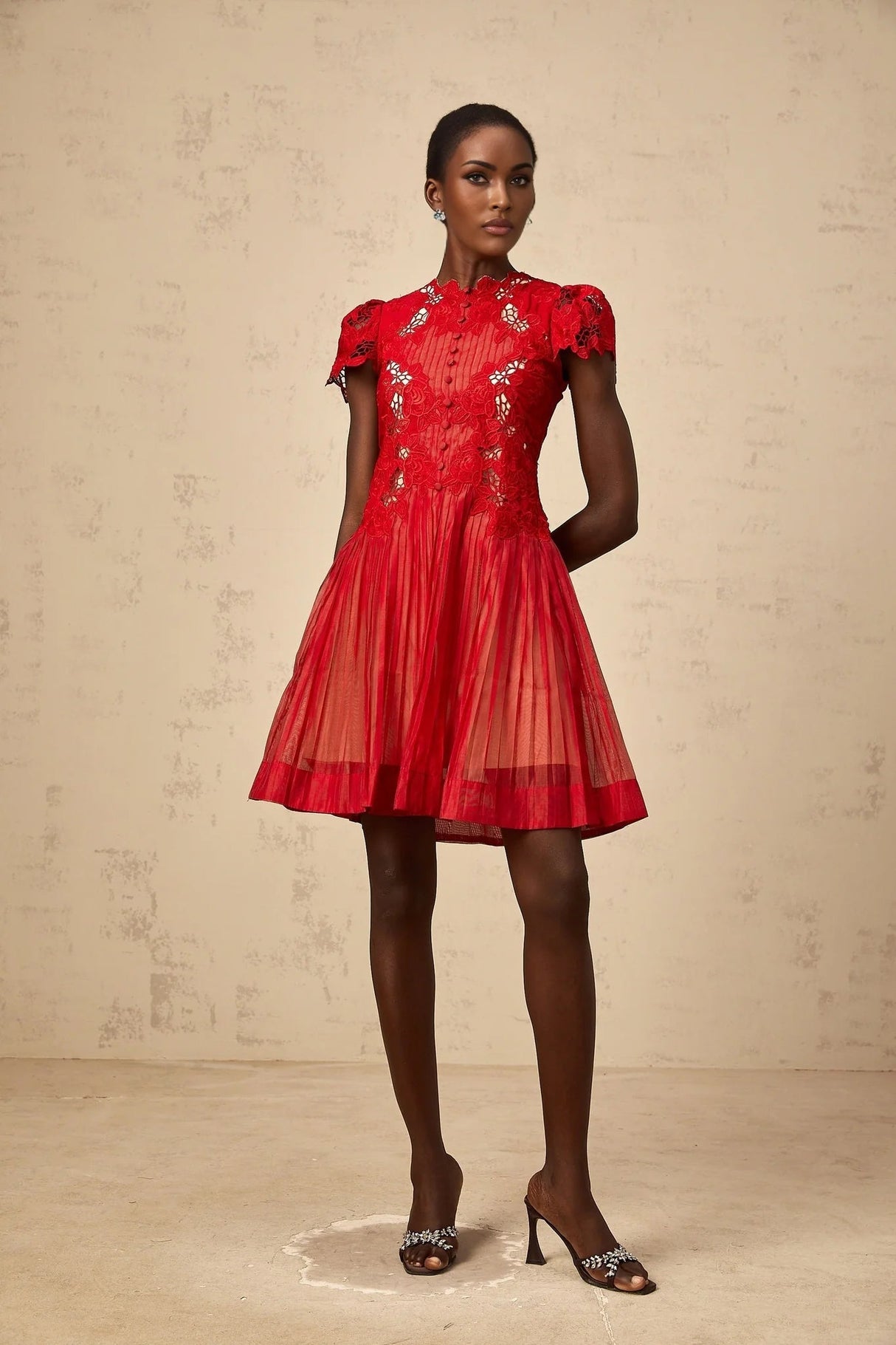 Holly Mini Dress Red Flower Embroidered & Pleated
